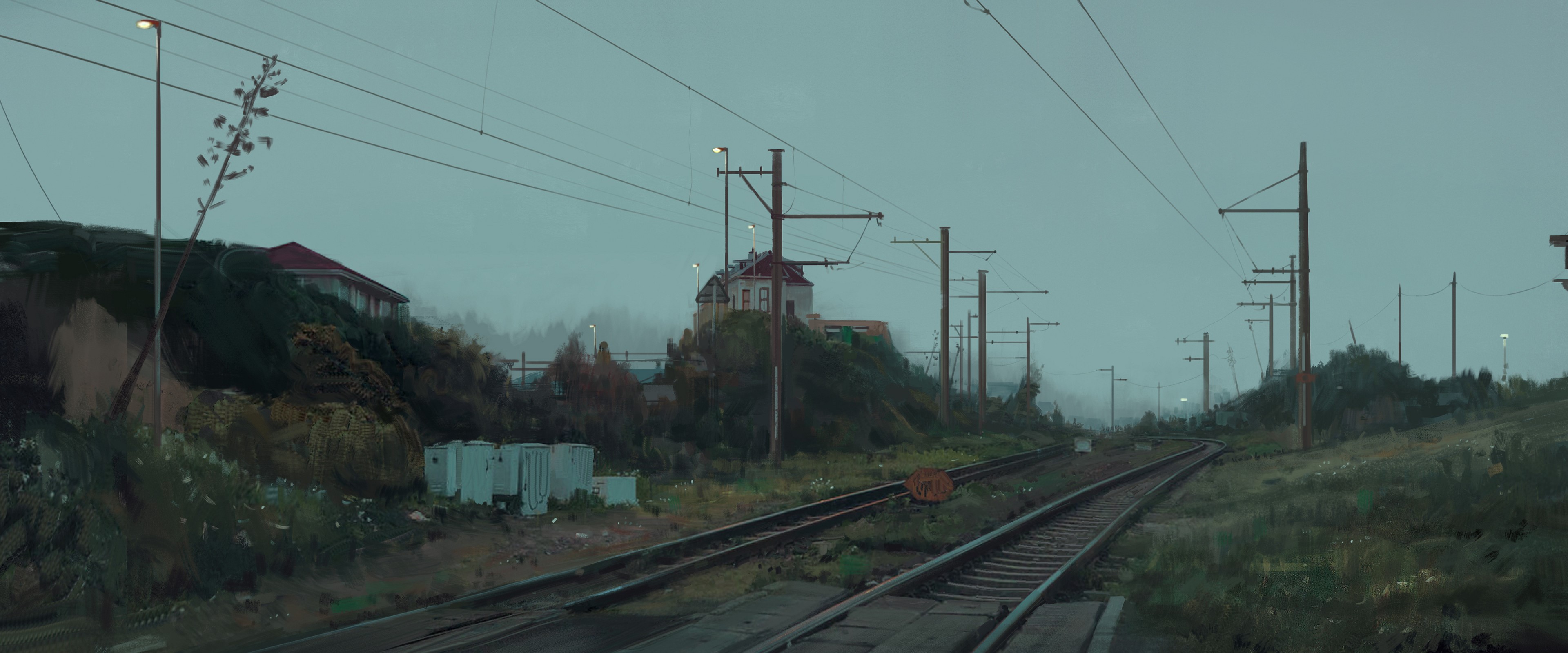 4K railway with utility poles and houses HD Wallpaper