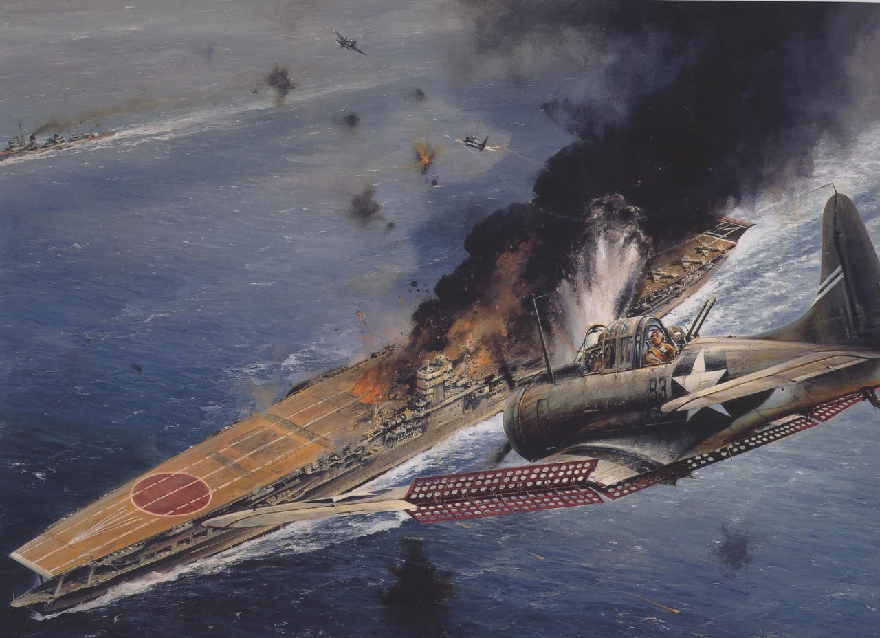 World War II naval battle with aircraft carrier and planes HD Wallpaper