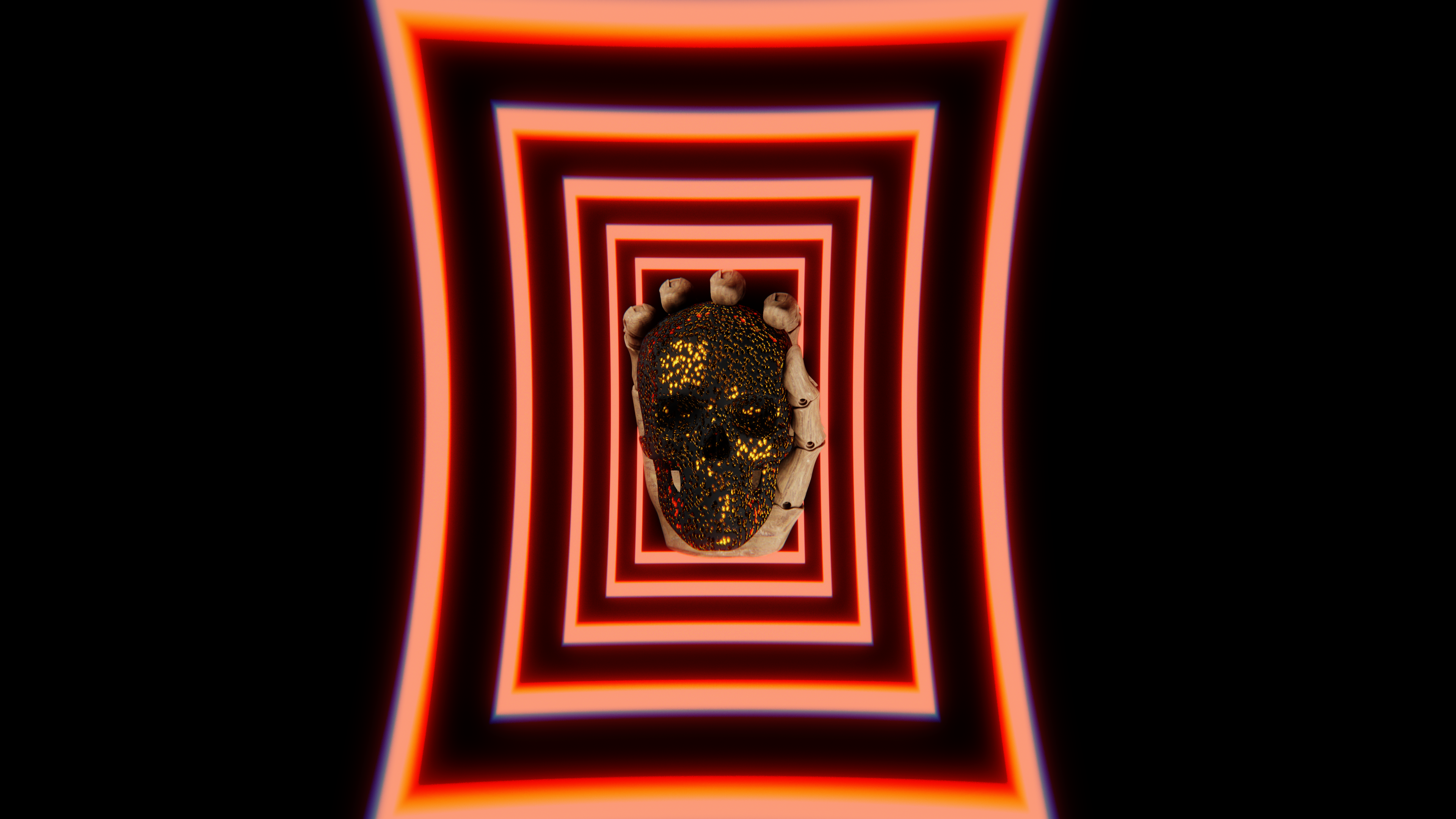 Skull with gold glitter held by a hand in a neon tunnel HD Wallpaper