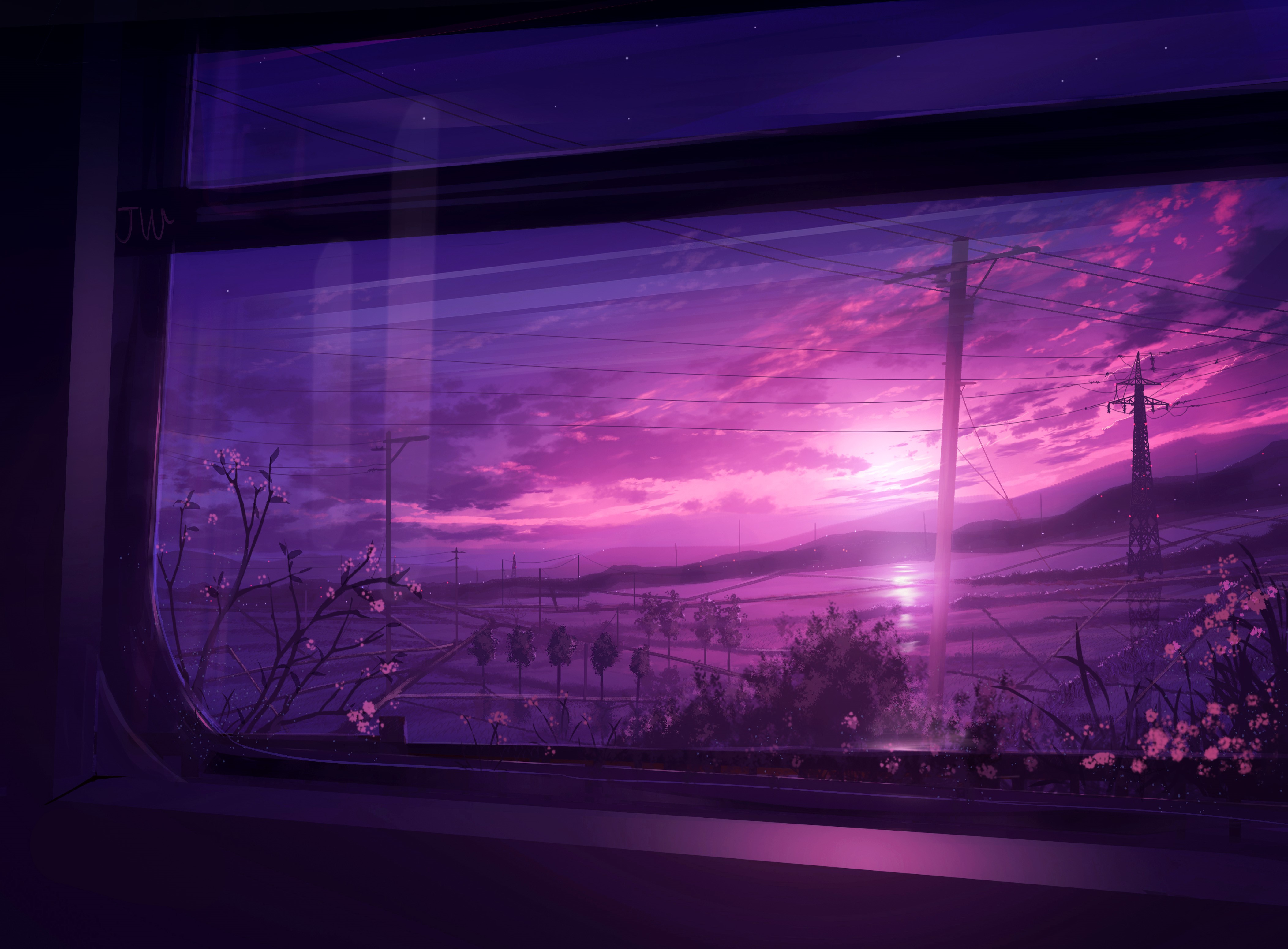 4K digital painting of a sunset landscape with power lines HD Wallpaper