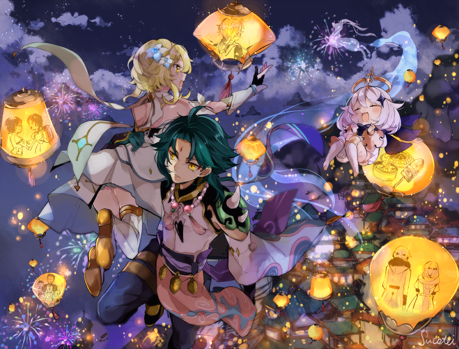 Xiao, Lumine, and Paimon from Genshin Impact with lanterns HD Wallpaper
