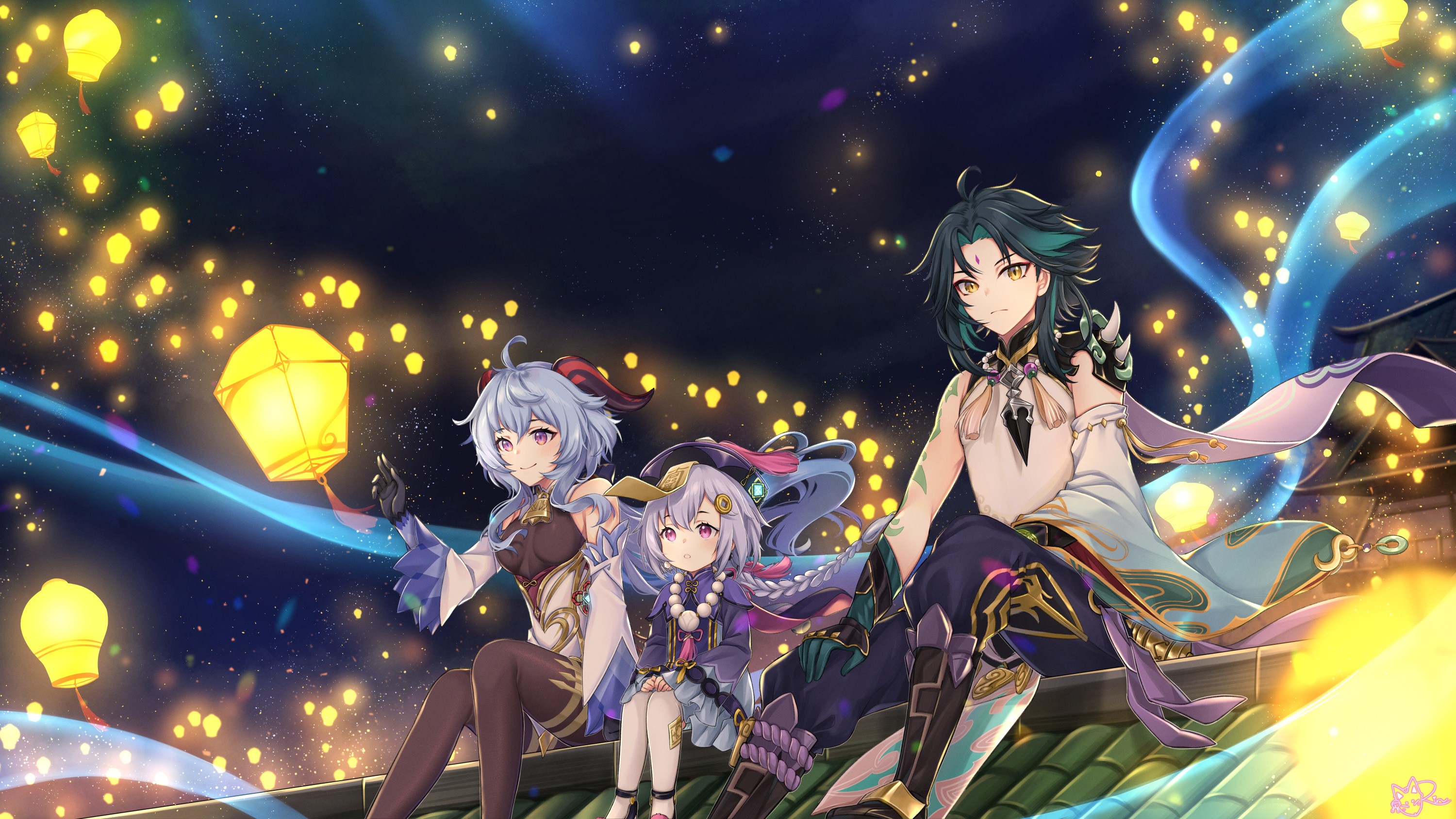 Ganyu, Qiqi, and Xiao from Genshin Impact with lanterns HD Wallpaper