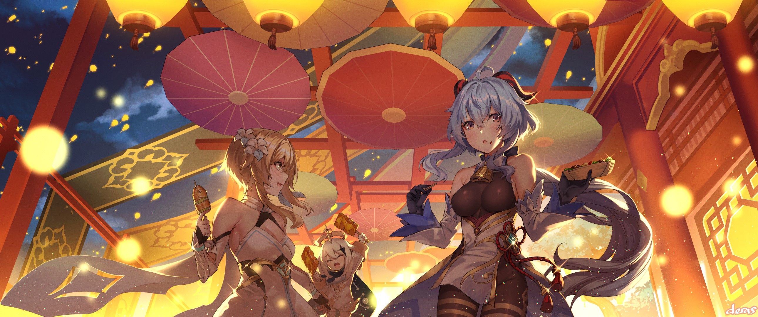 Lumine, Ganyu, and Paimon from Genshin Impact at a festival HD Wallpaper
