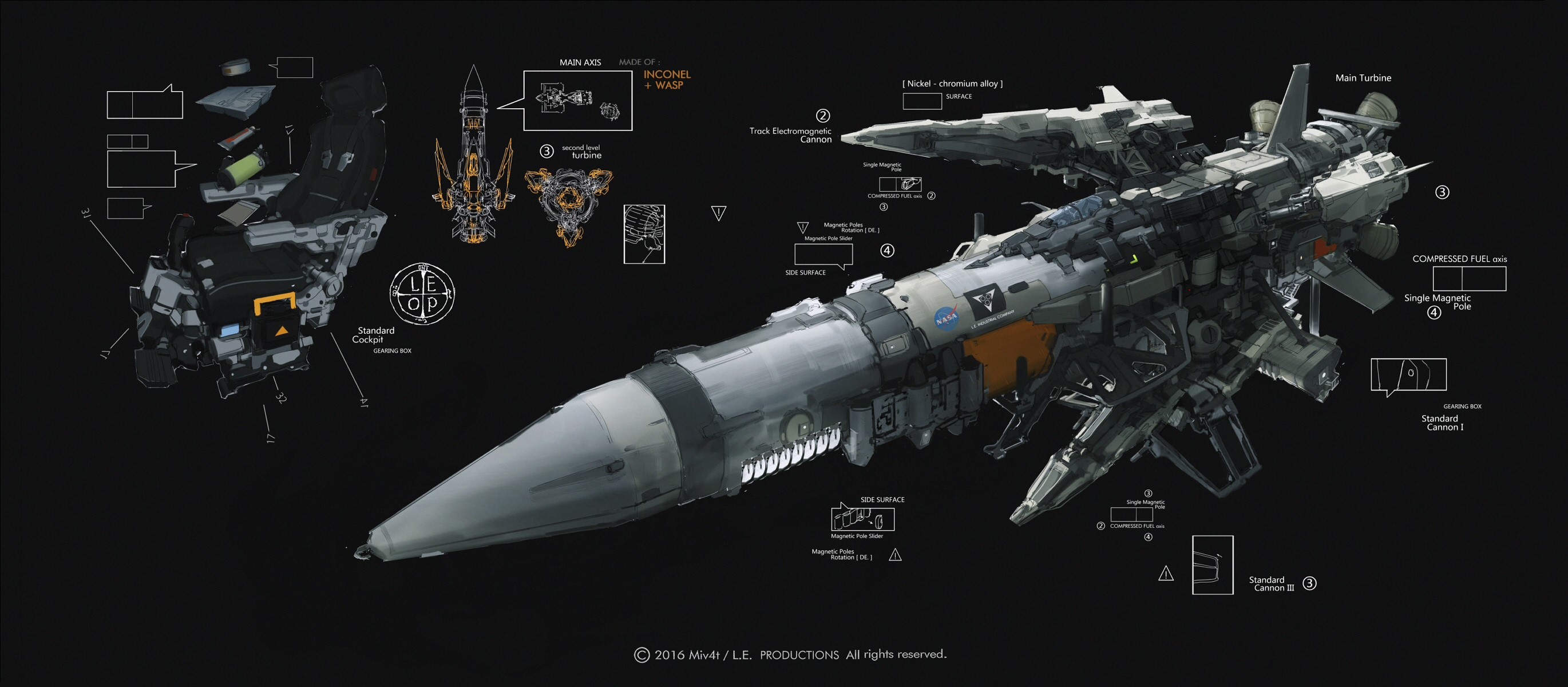 Sci-fi spaceship blueprint with cockpit and engine details HD Wallpaper