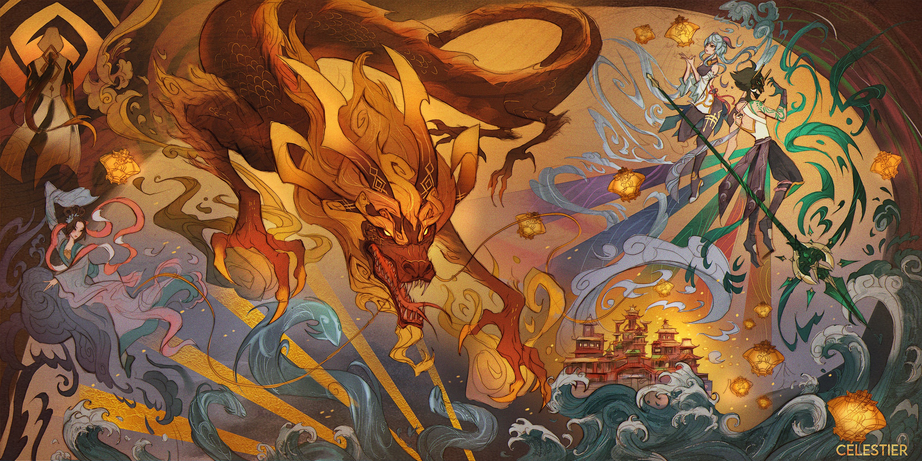 Chinese Dragon, Zhongli, Ganyu, and Xiao from Genshin Impact HD Wallpaper