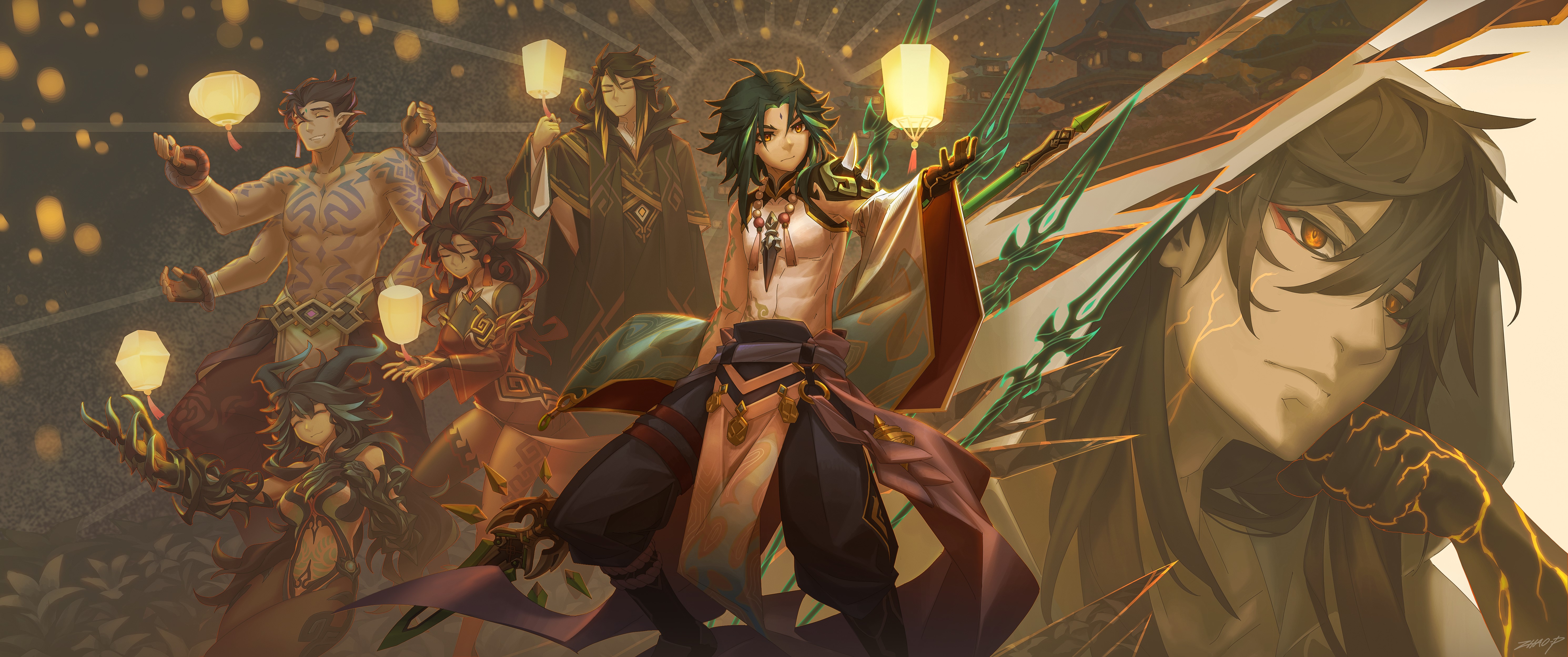 Xiao and Zhongli from Genshin Impact with lanterns HD Wallpaper