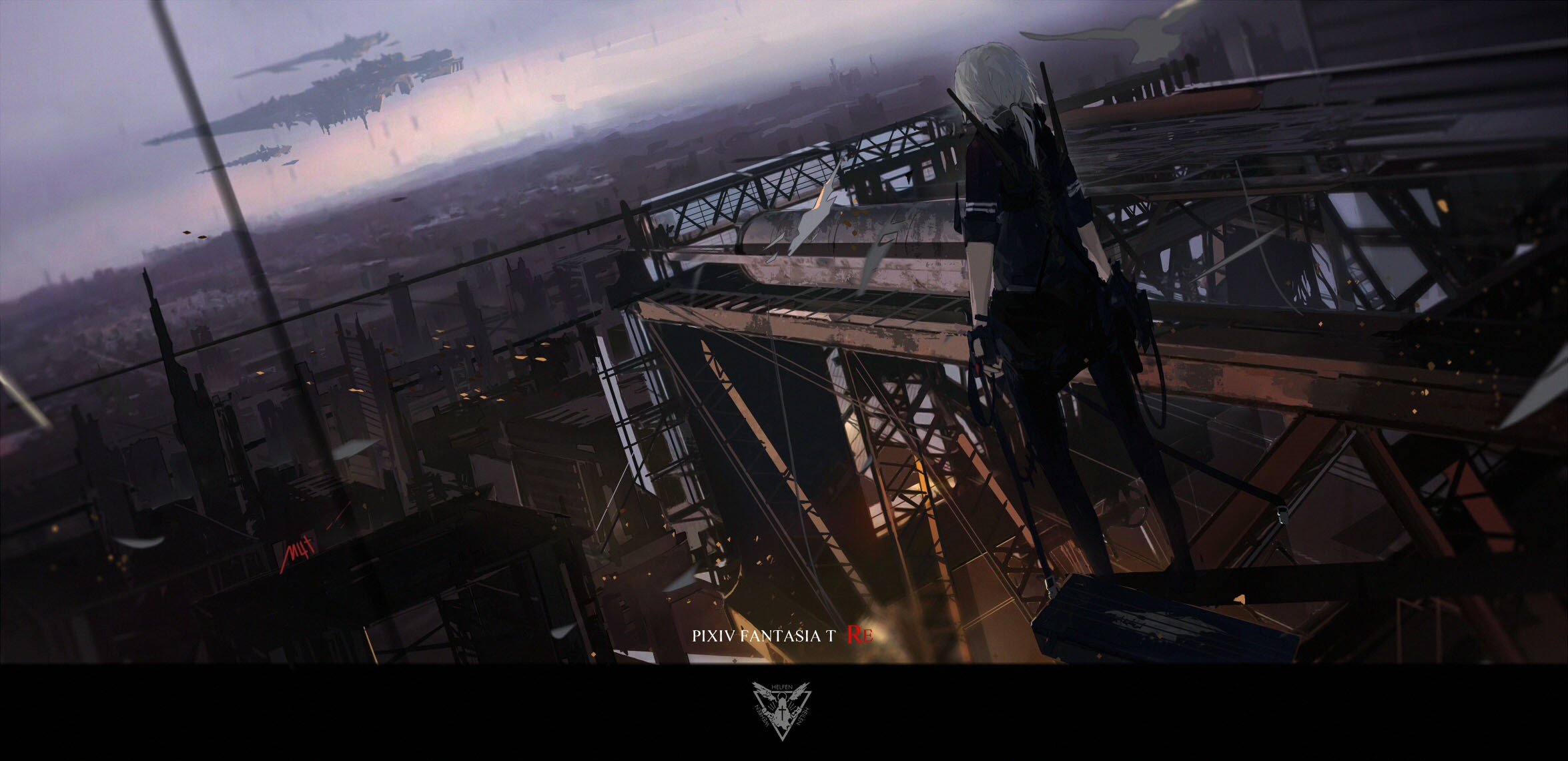 Anime girl on a rooftop overlooking a city with airships HD Wallpaper
