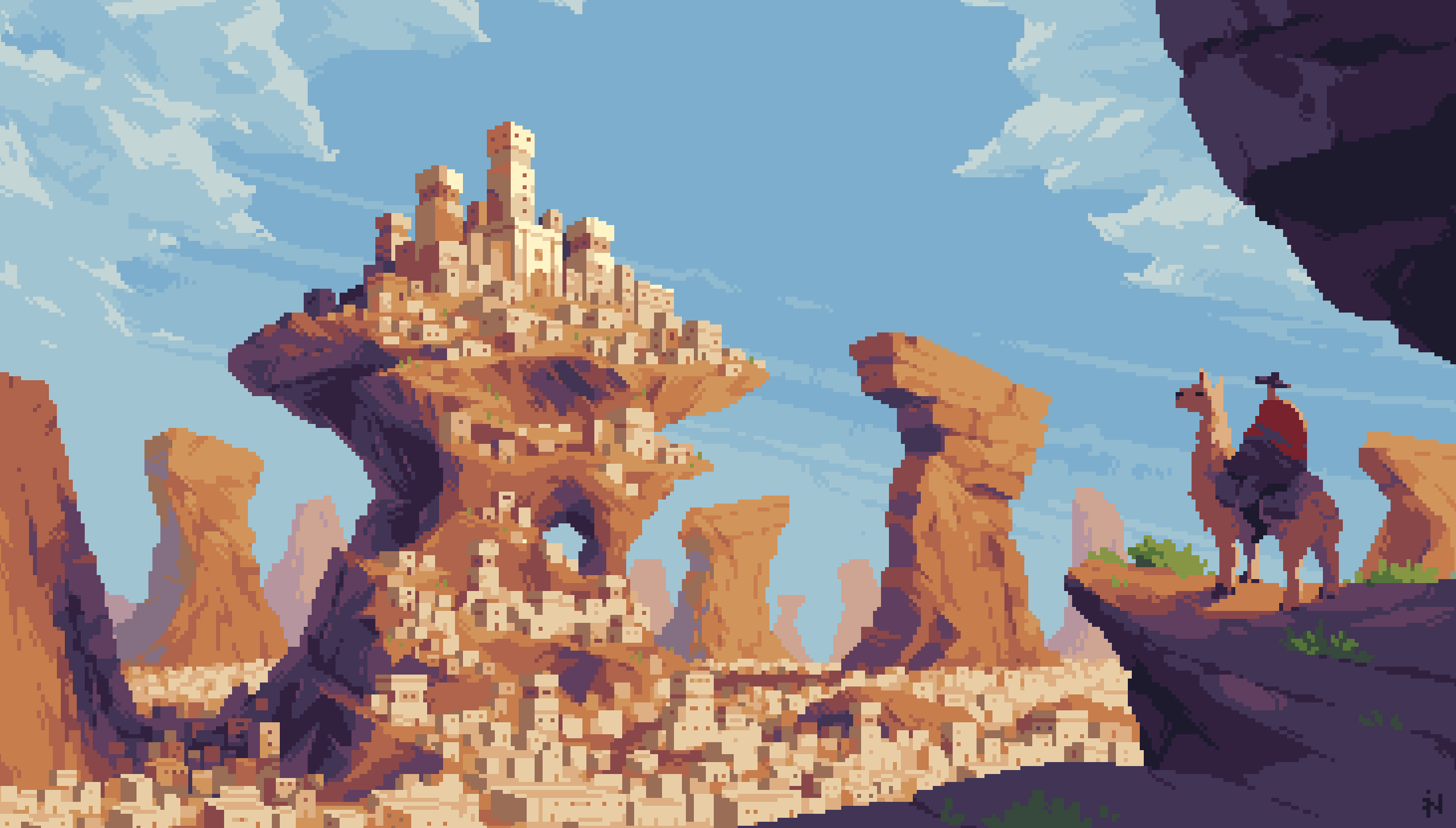 Pixel Art Village on Rock Formation with Llama HD Wallpaper