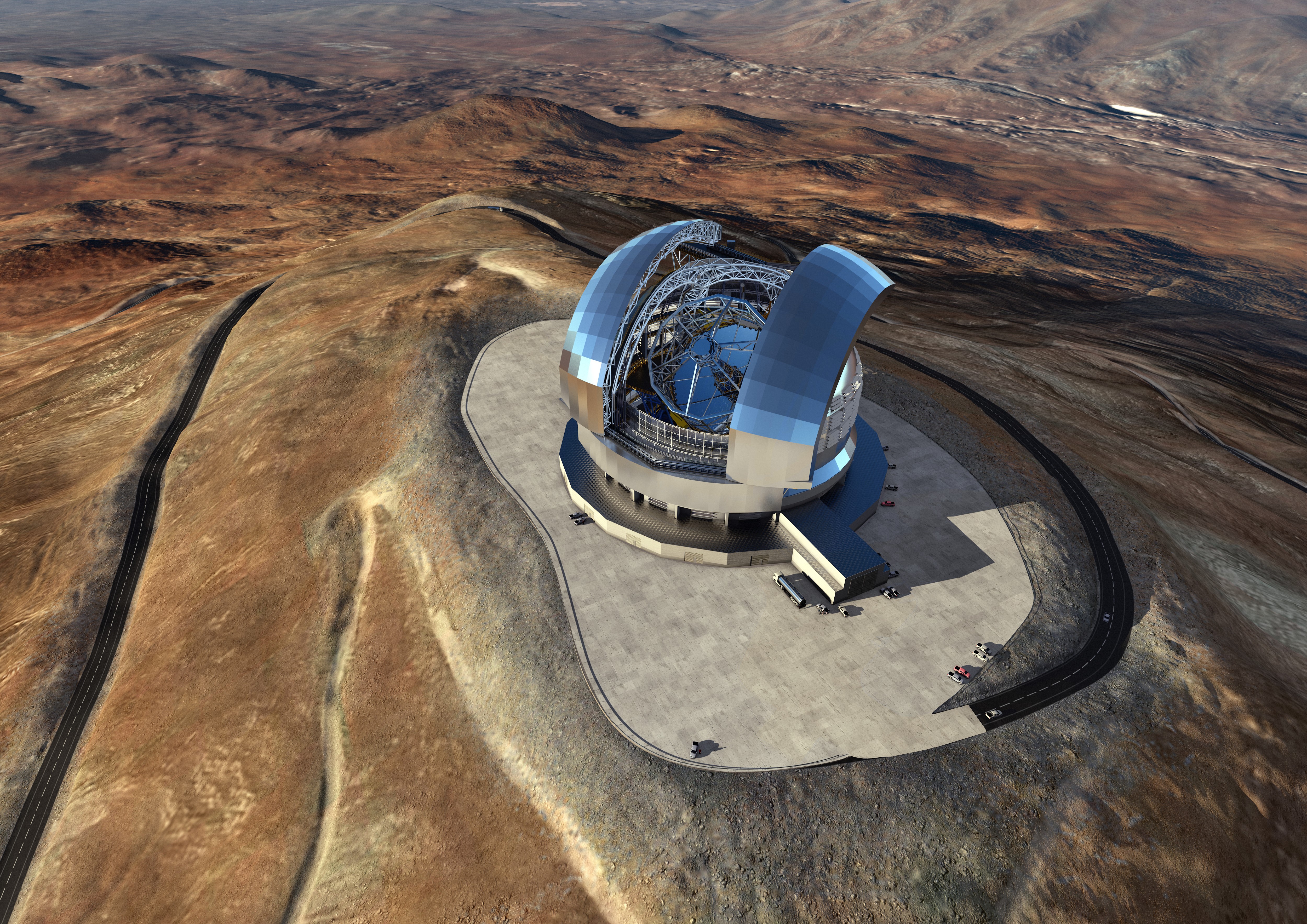4K CGI aerial view of a large telescope observatory on a mountain HD Wallpaper