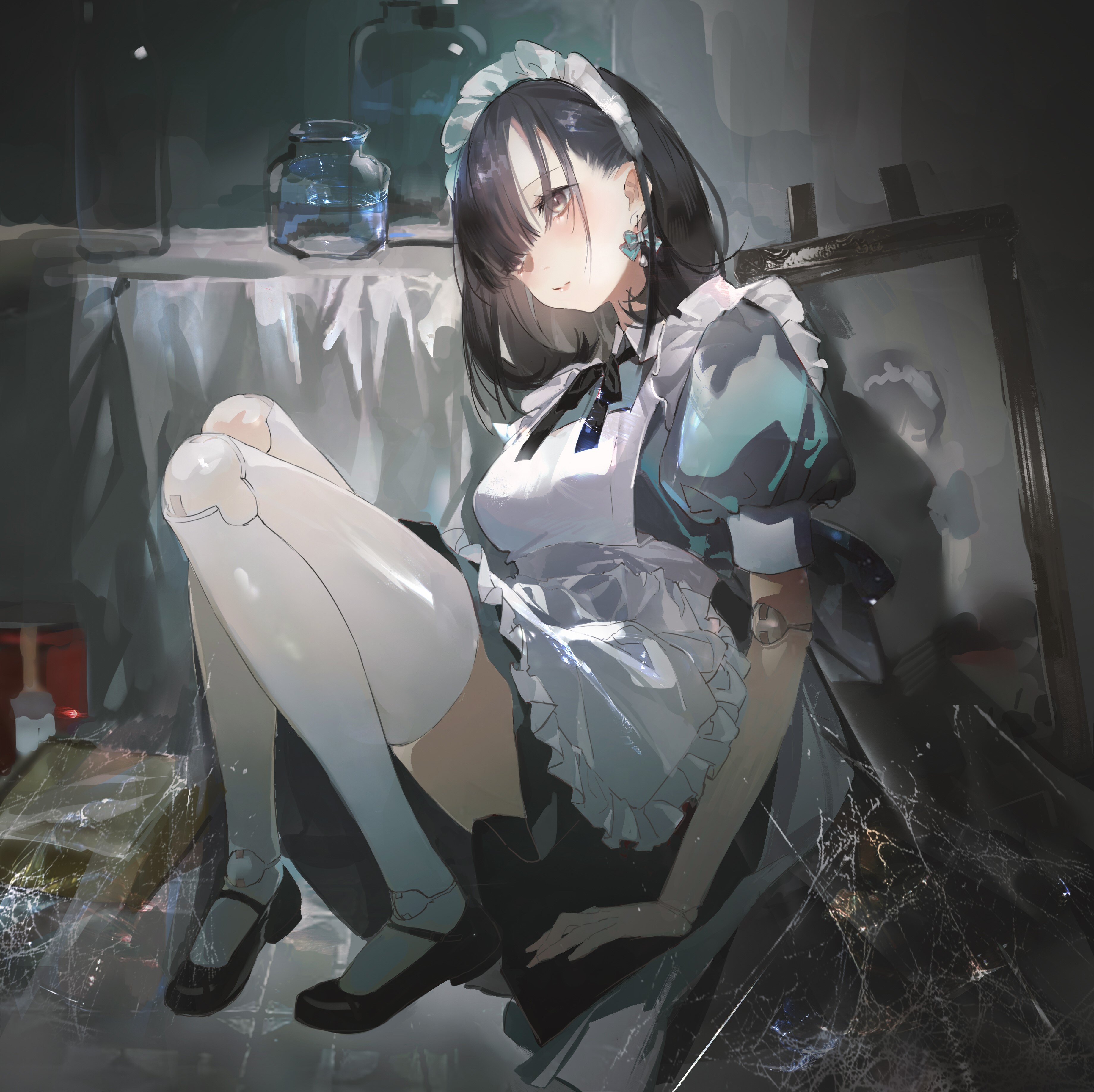 Anime girl in maid outfit sitting indoors HD Wallpaper