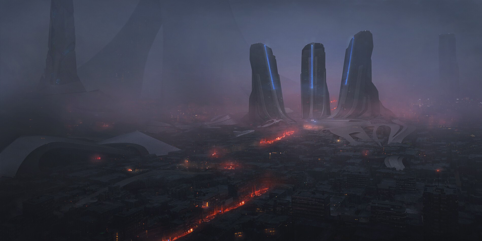 Futuristic Cityscape with Tall Structures by Andrei Khrutskii HD Wallpaper