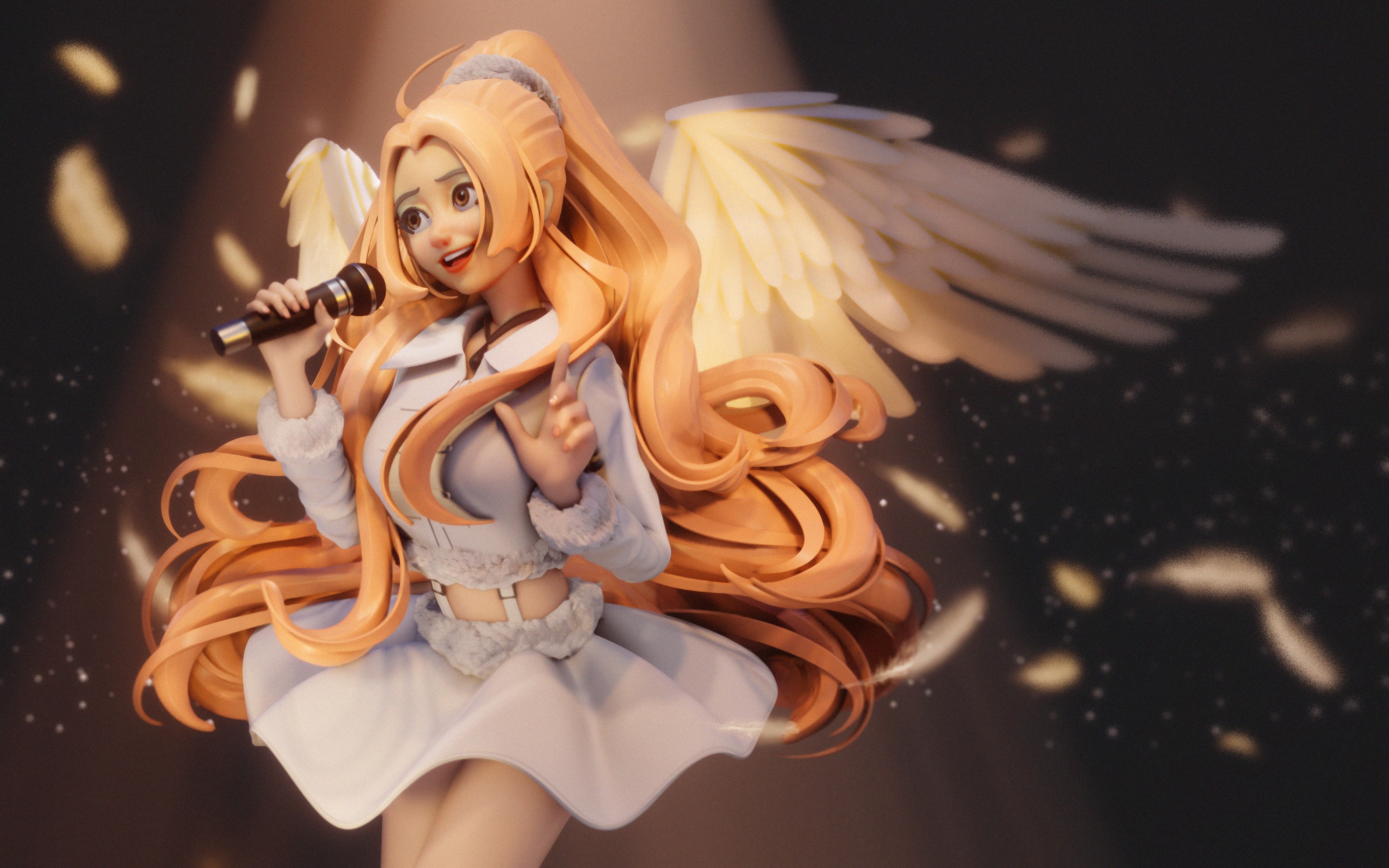 Anime singer with wings holding a microphone HD Wallpaper