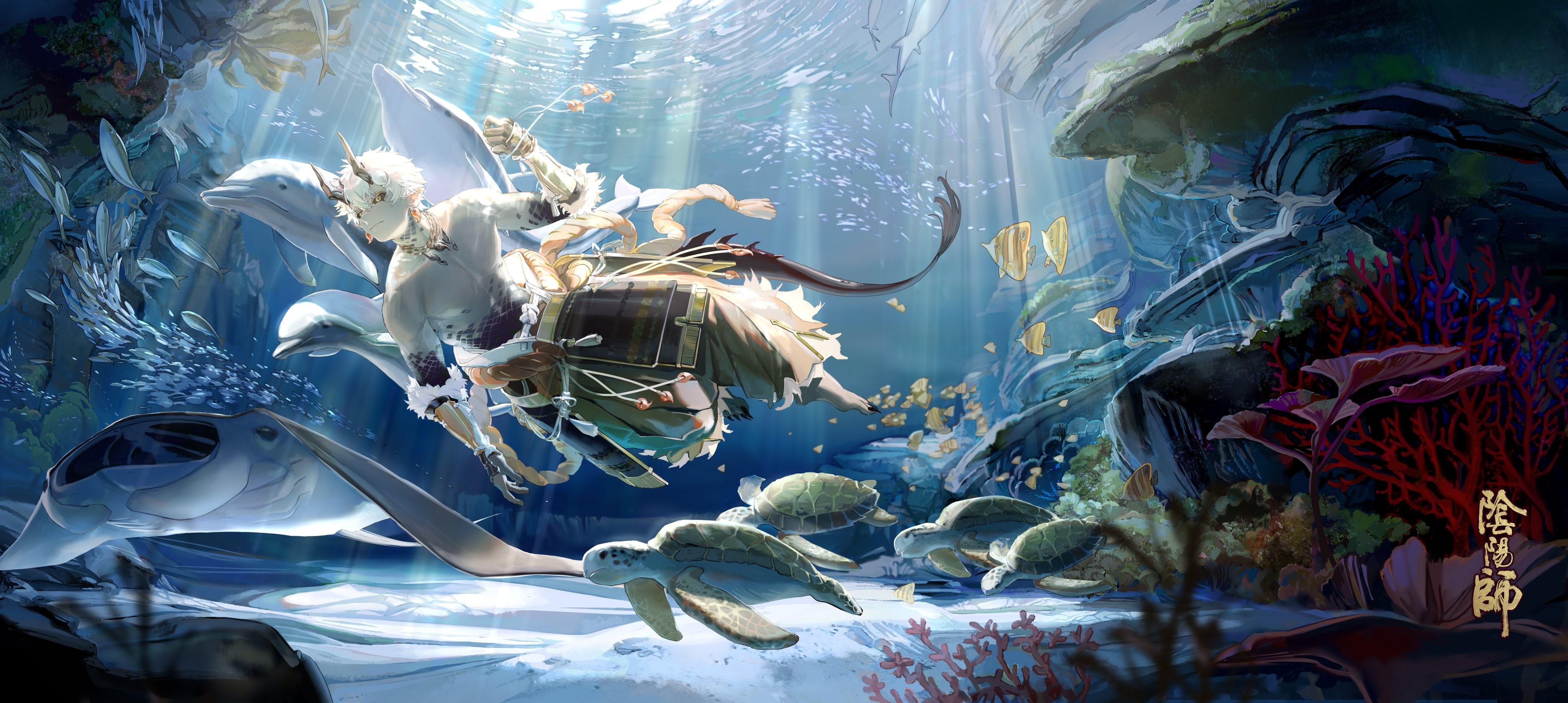 Fantasy warrior from Onmyoji riding dolphins in the ocean HD Wallpaper