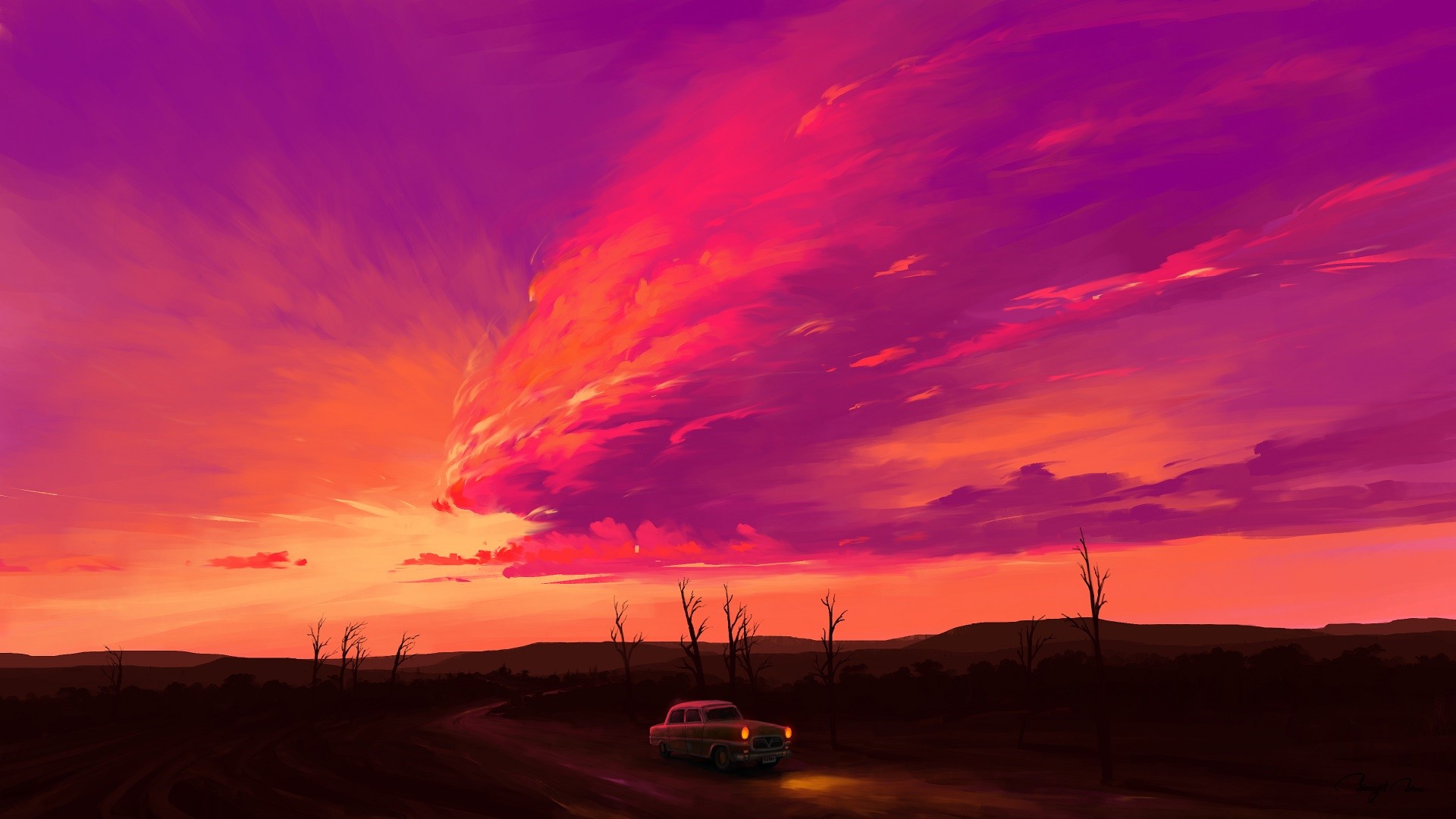 Car driving through a desolate landscape at sunset HD Wallpaper