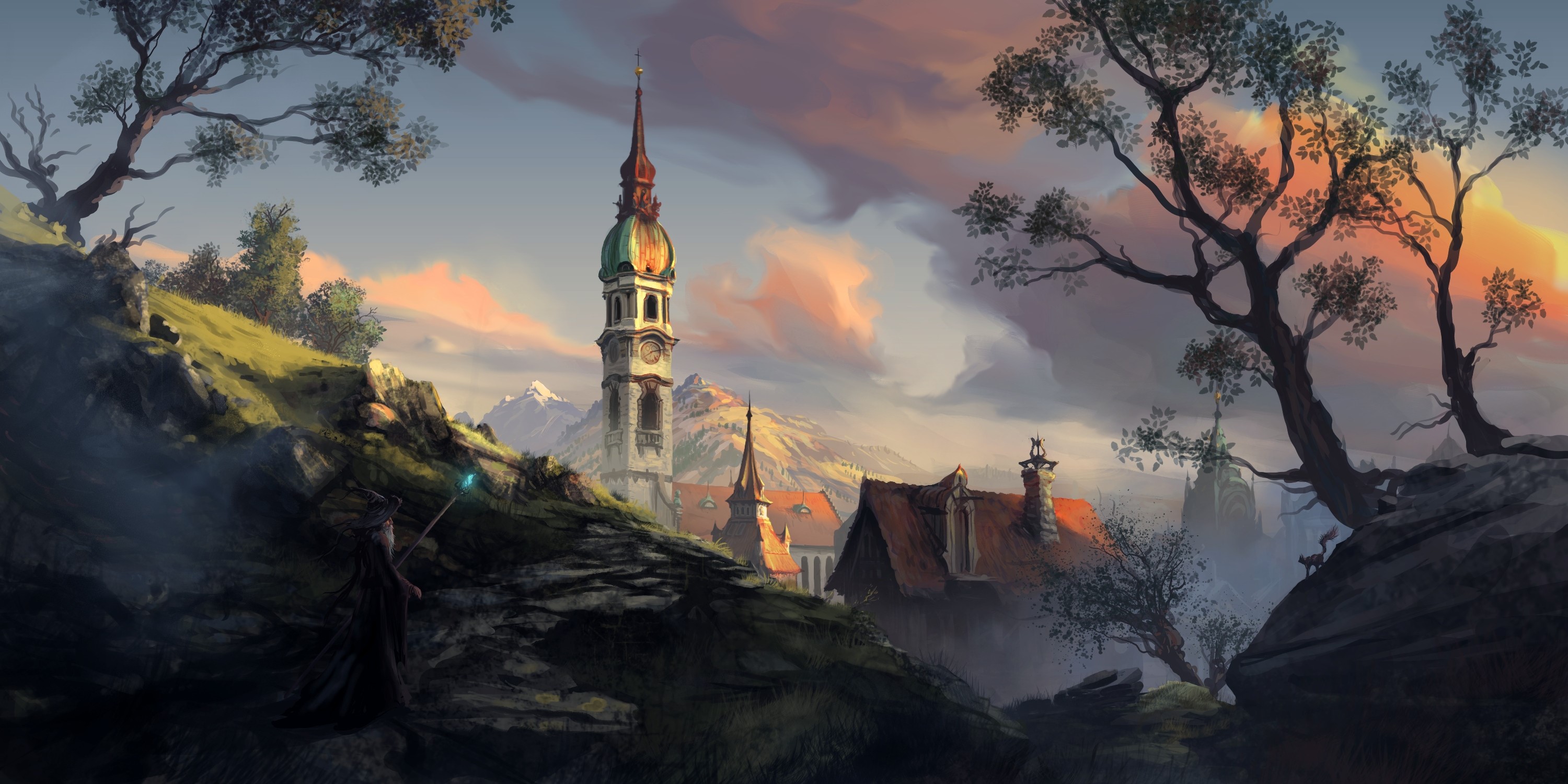 Digital art landscape with wizard and town HD Wallpaper