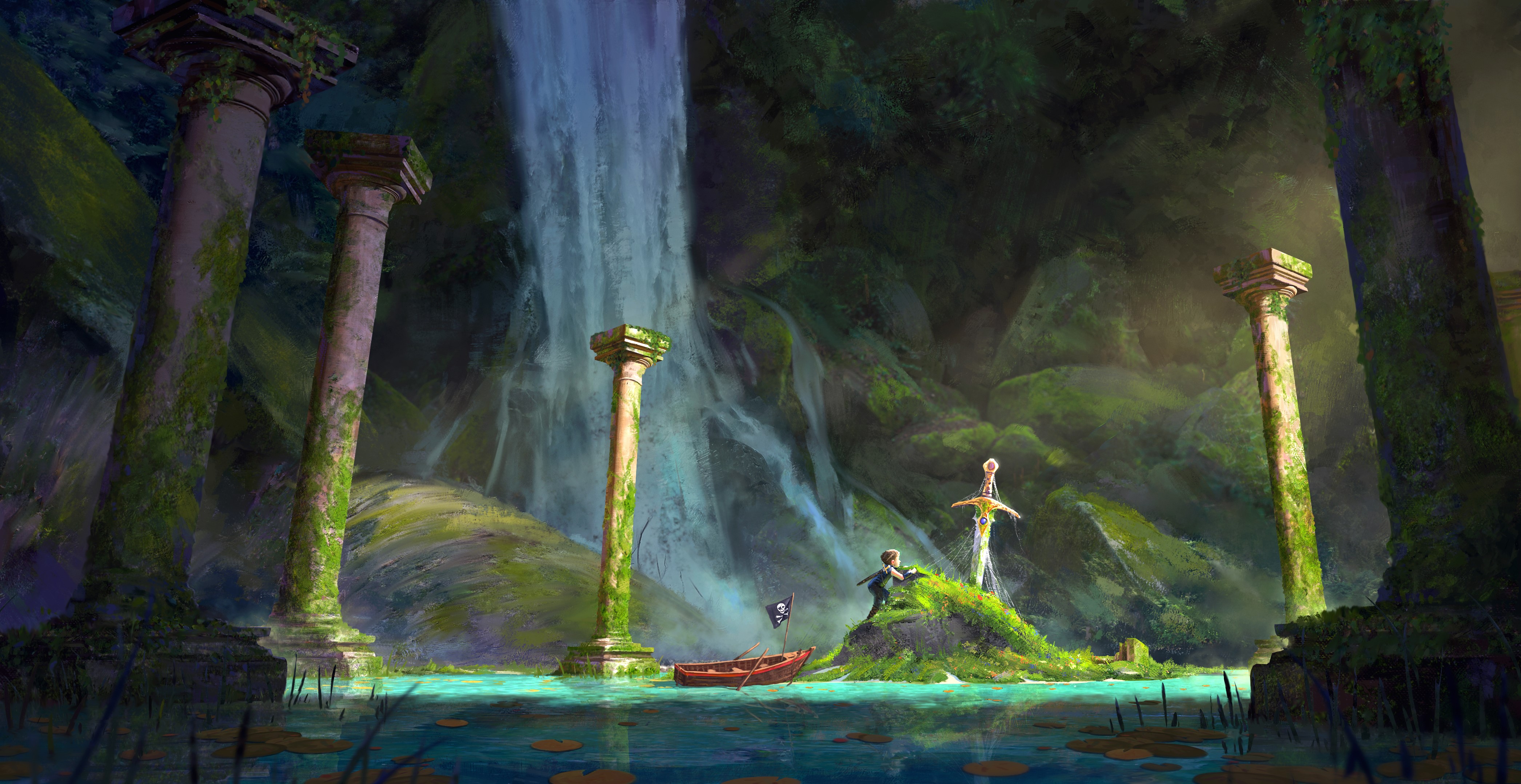 Boy with Pirate Flag Boat near Waterfall and Sword HD Wallpaper