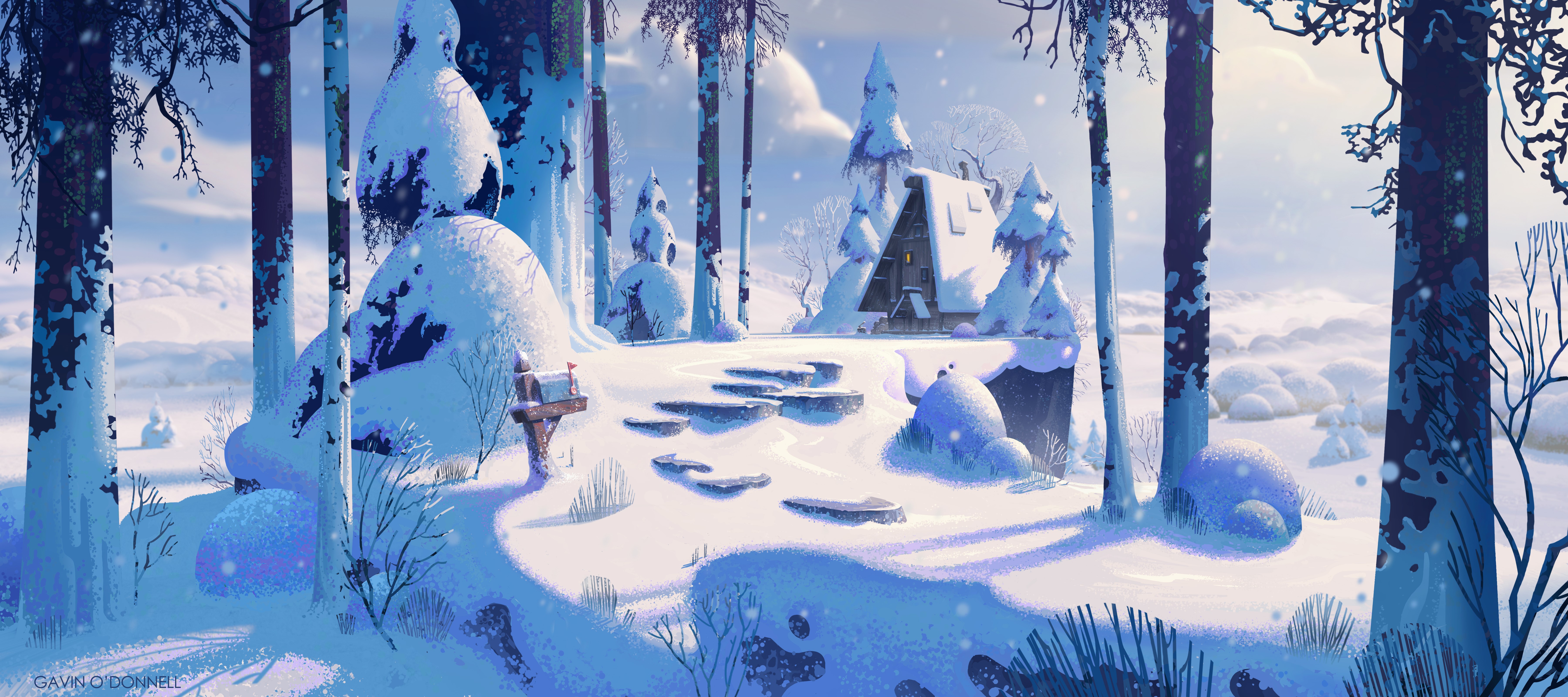 Snowy forest scene with a cabin and mailbox HD Wallpaper