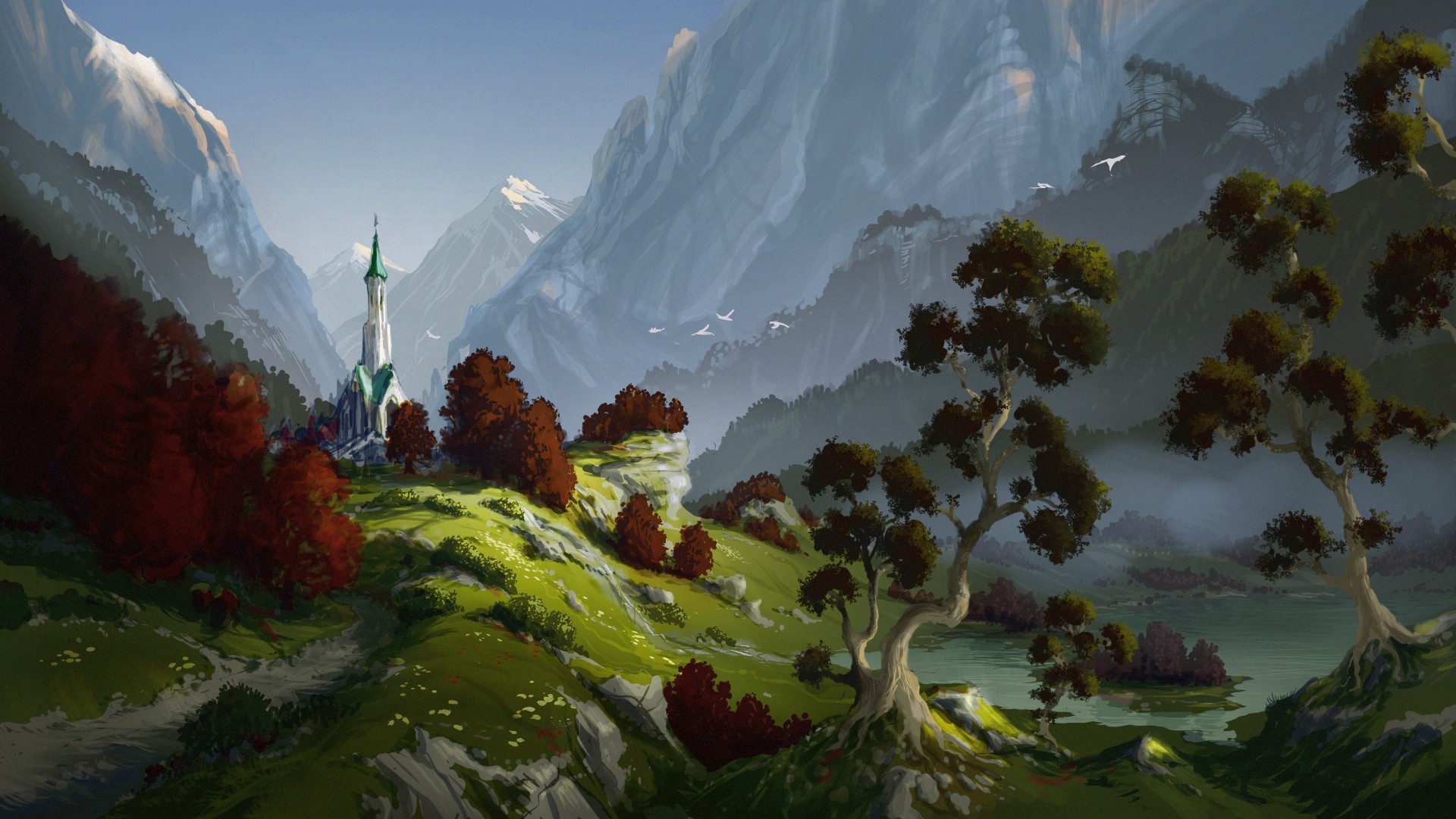 Digital artwork of a fantasy landscape with mountains and a building HD Wallpaper