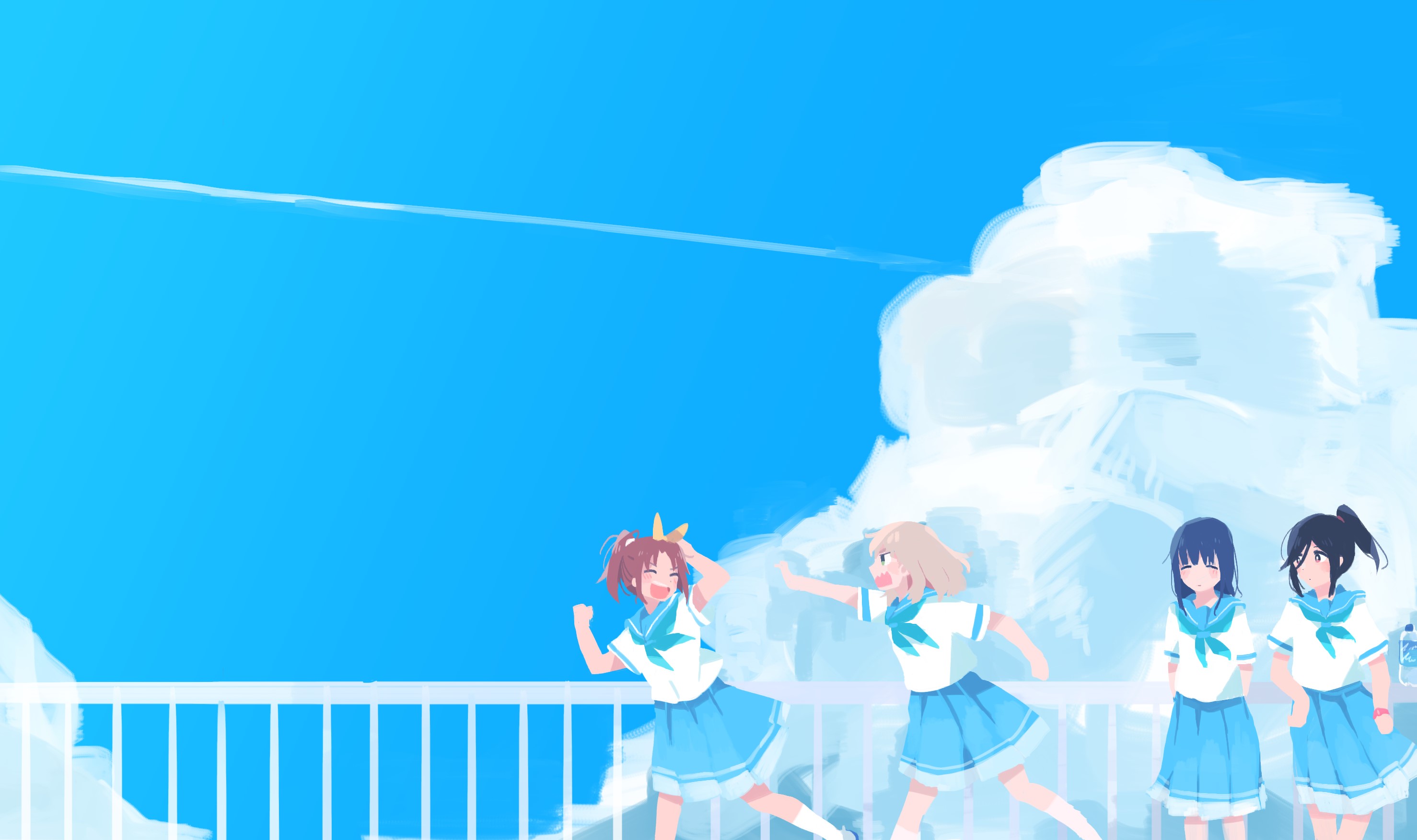 Girls in school uniforms on a balcony with clouds and sky HD Wallpaper