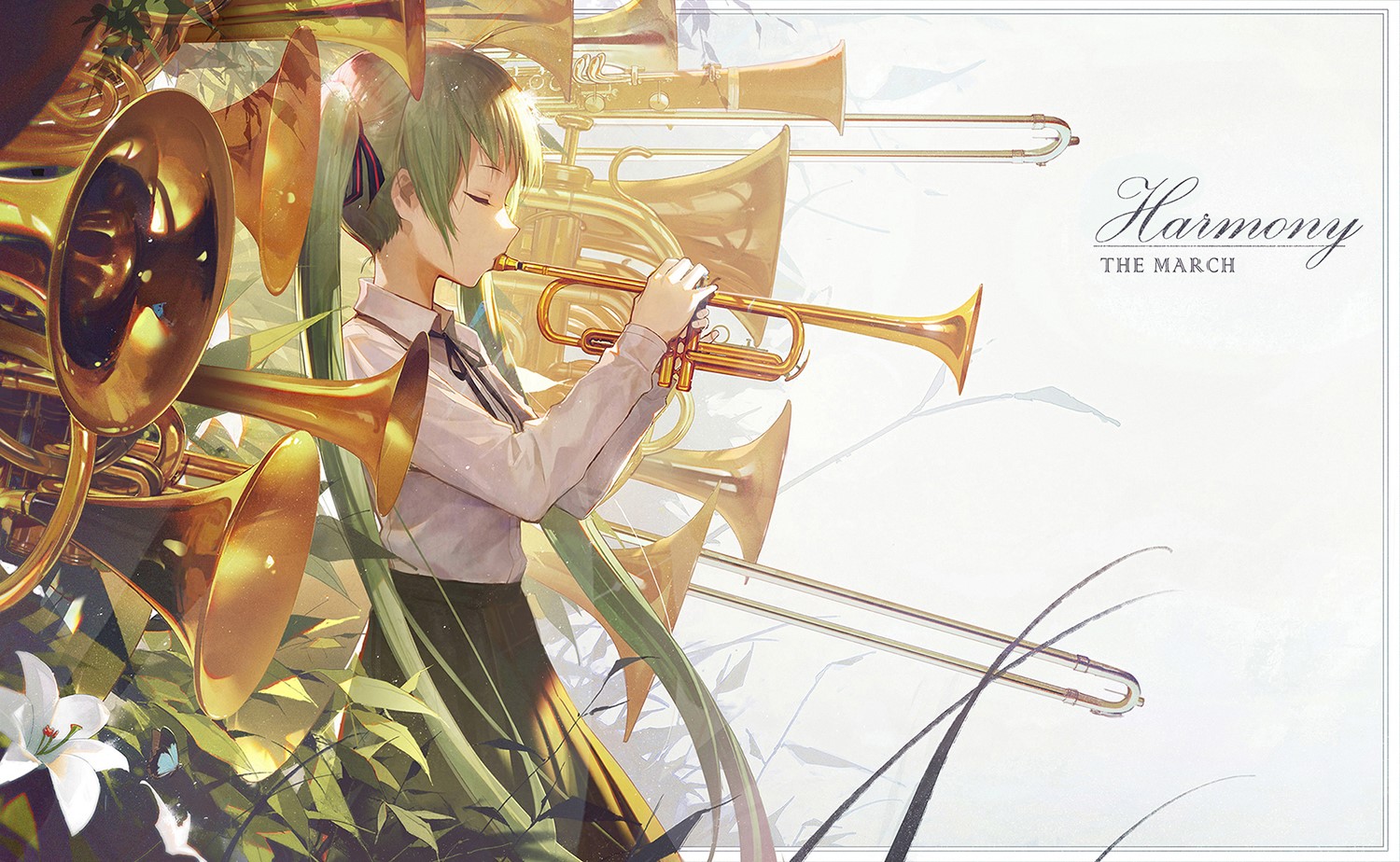 Hatsune Miku playing a trumpet with brass instruments HD Wallpaper
