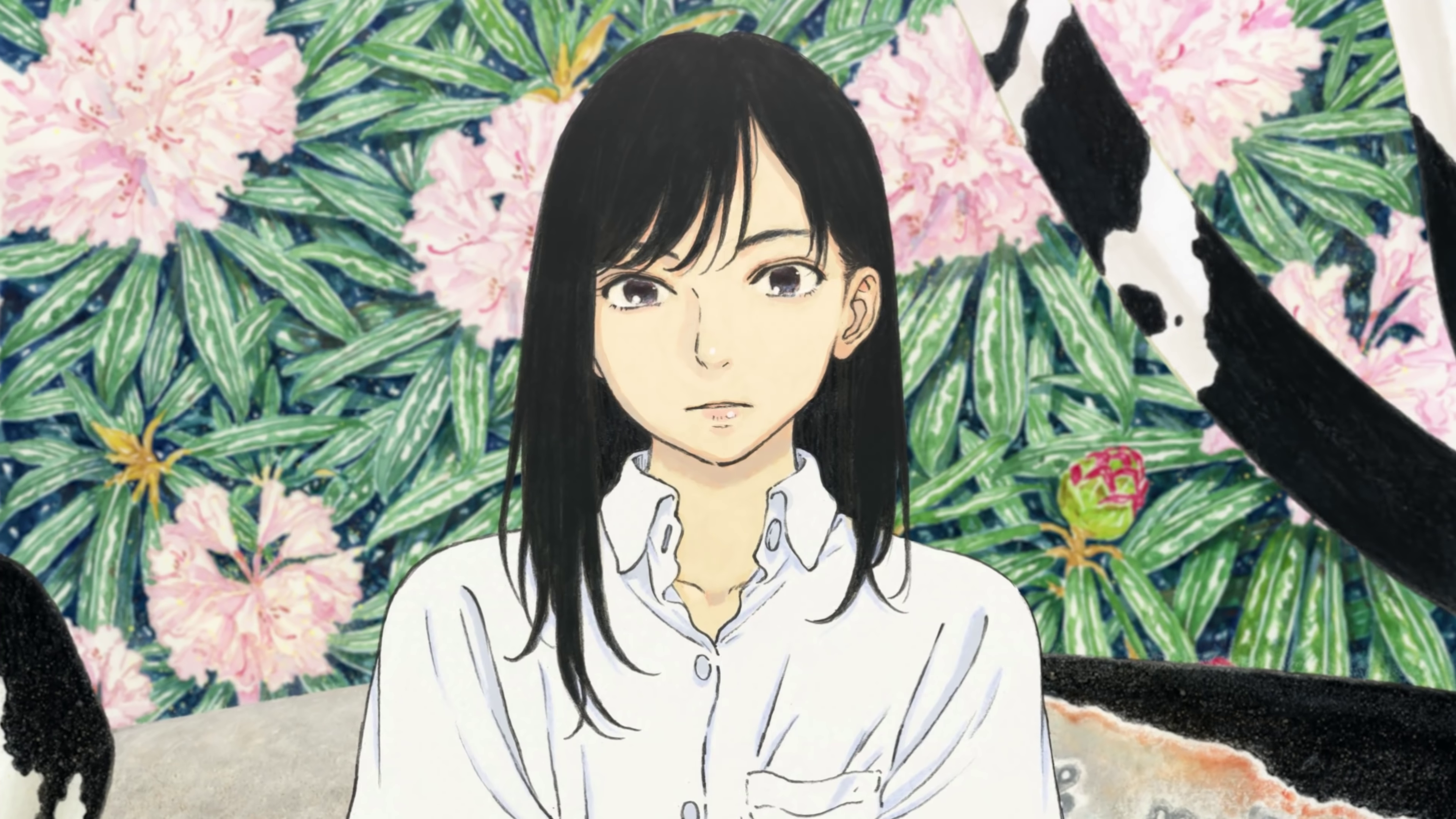 Anime girl with dark hair and plants HD Wallpaper