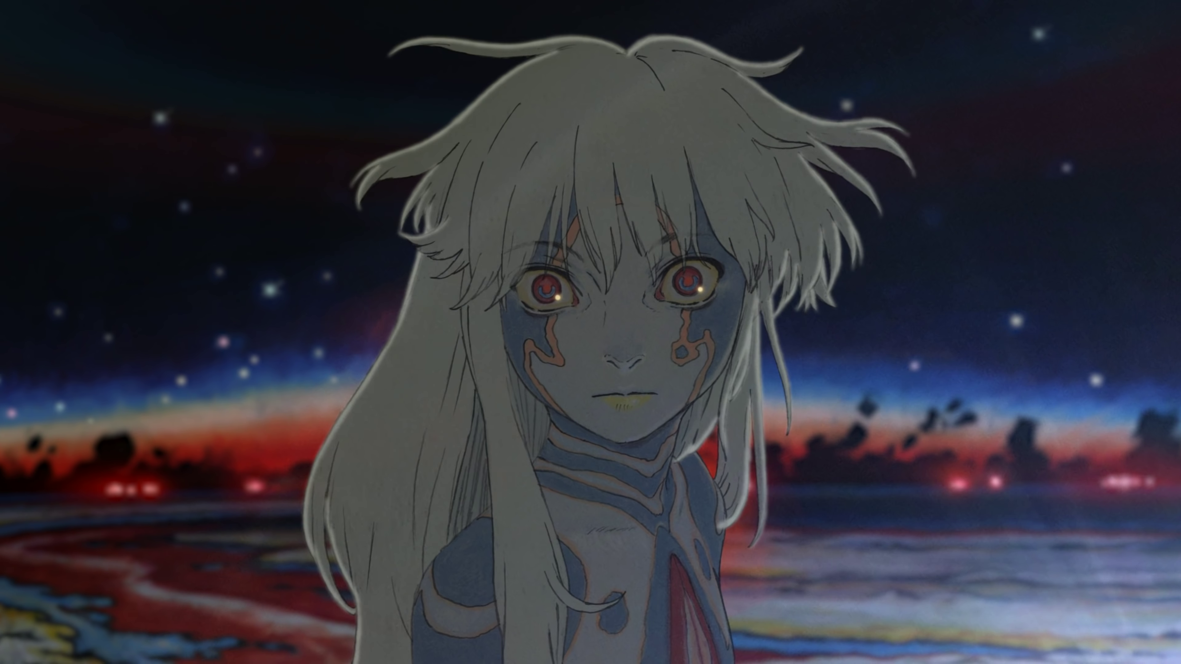 Anime girl with white hair and blue markings HD Wallpaper