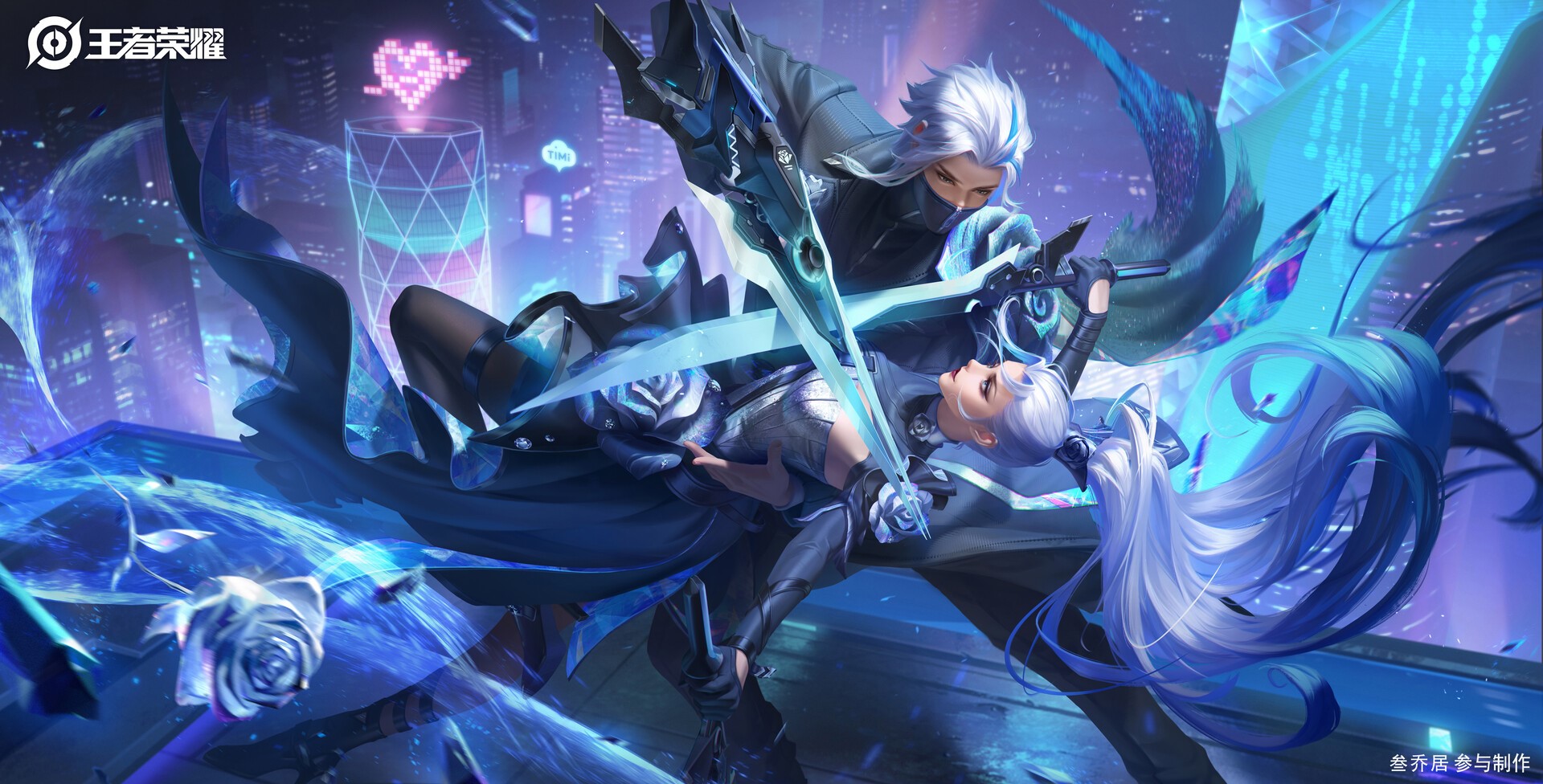 Two warriors with silver hair fighting with blades in a sci-fi city HD Wallpaper
