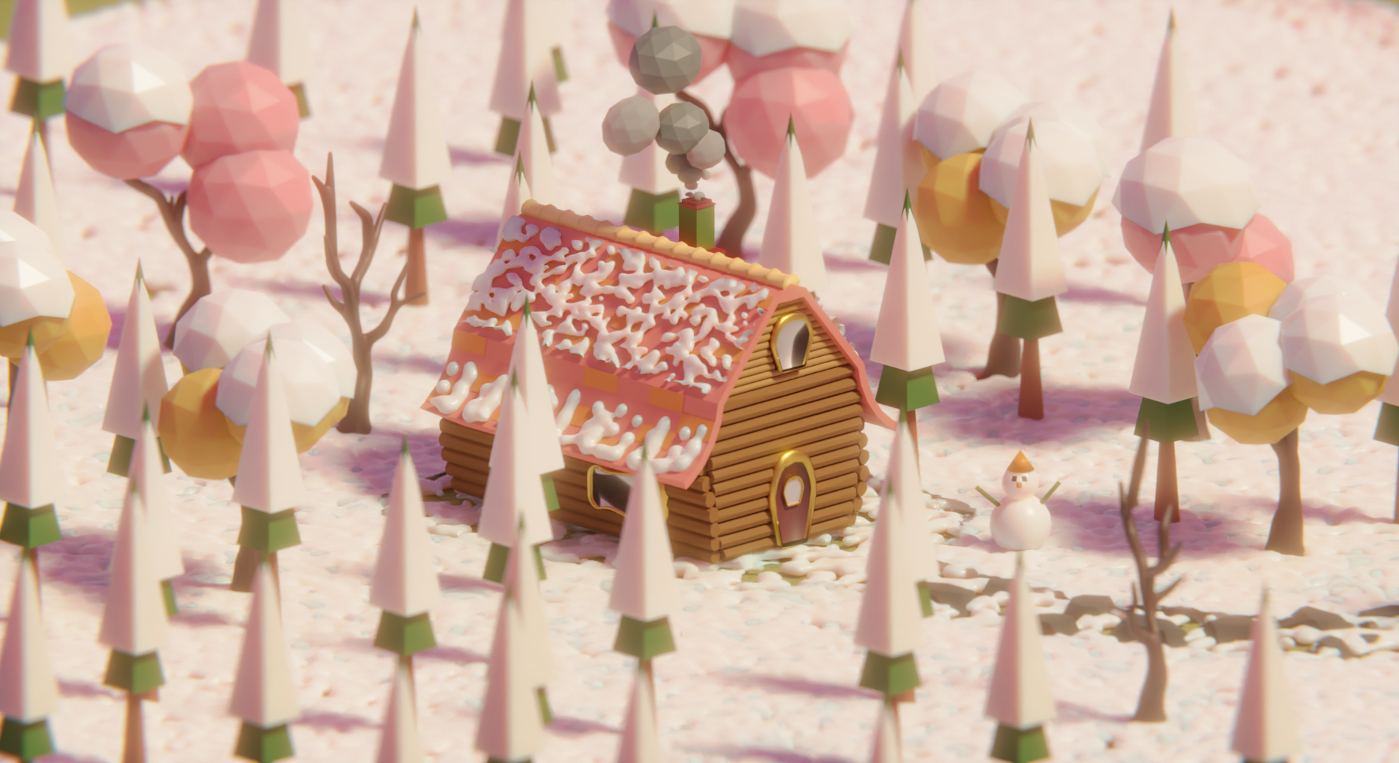 Low poly winter cabin in a snowy forest with a snowman HD Wallpaper