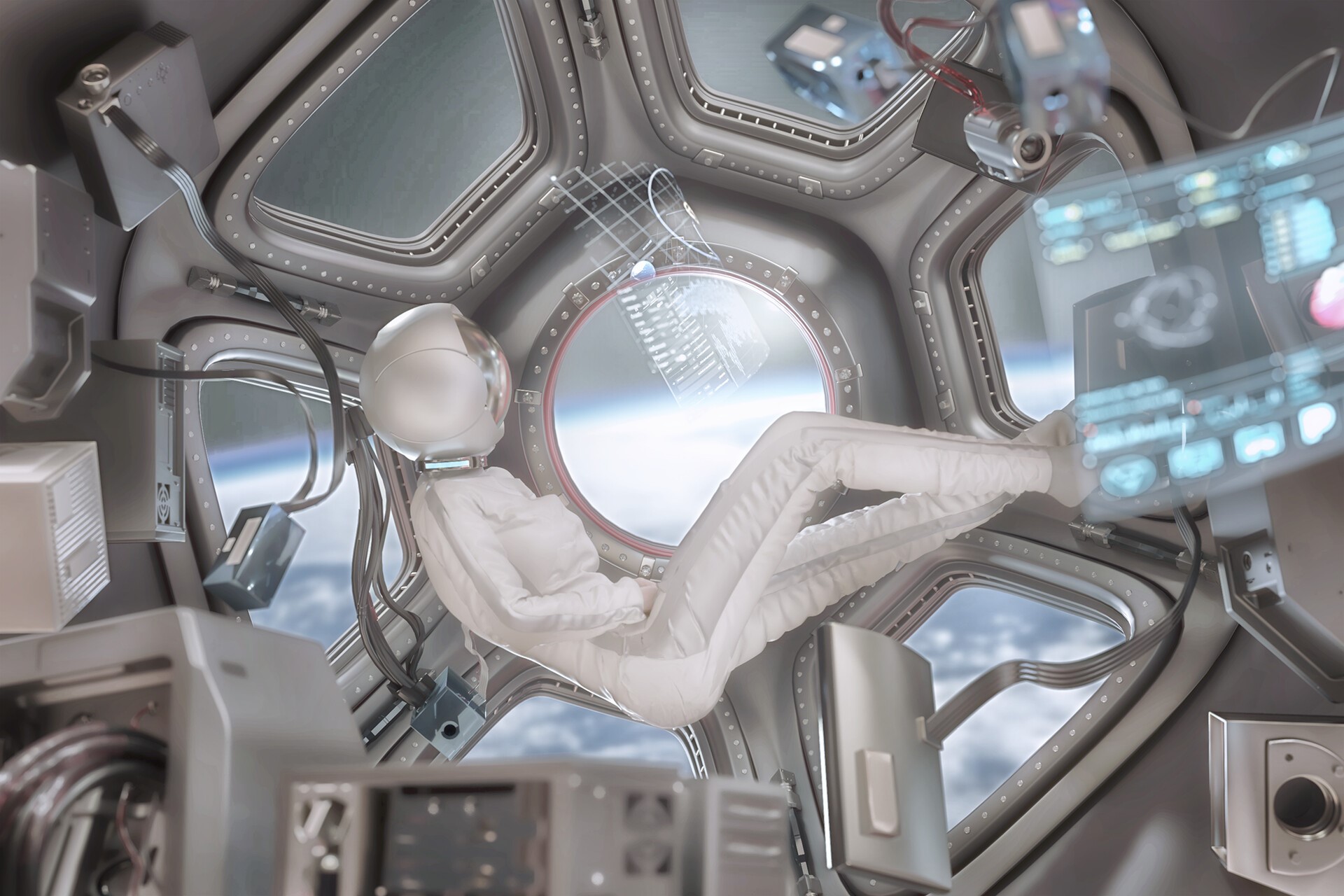 Astronaut in a space station looking out the window HD Wallpaper