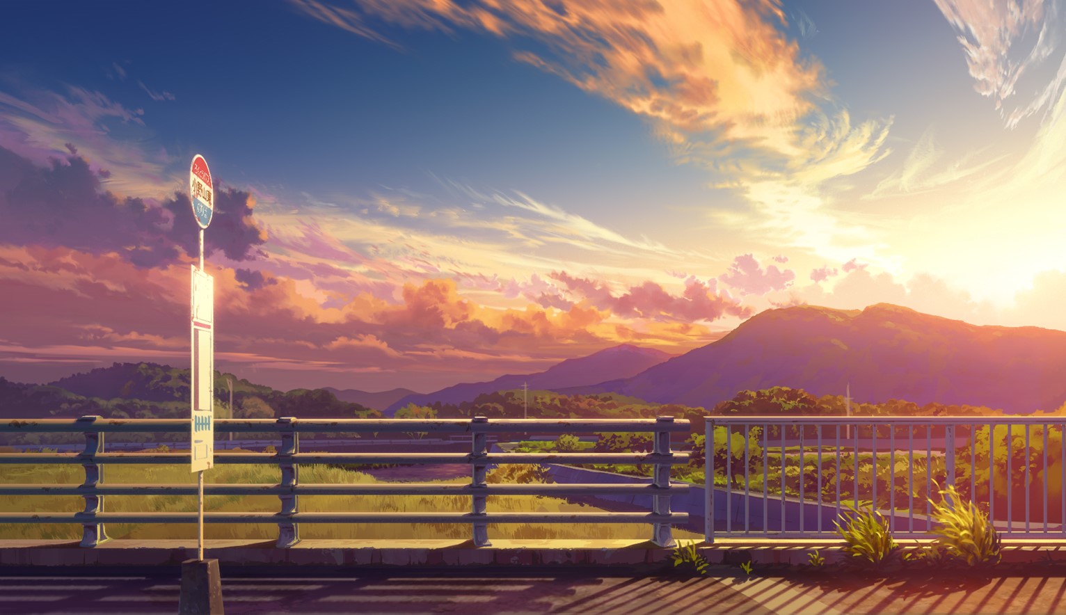 Anime landscape with bus stop at sunset HD Wallpaper