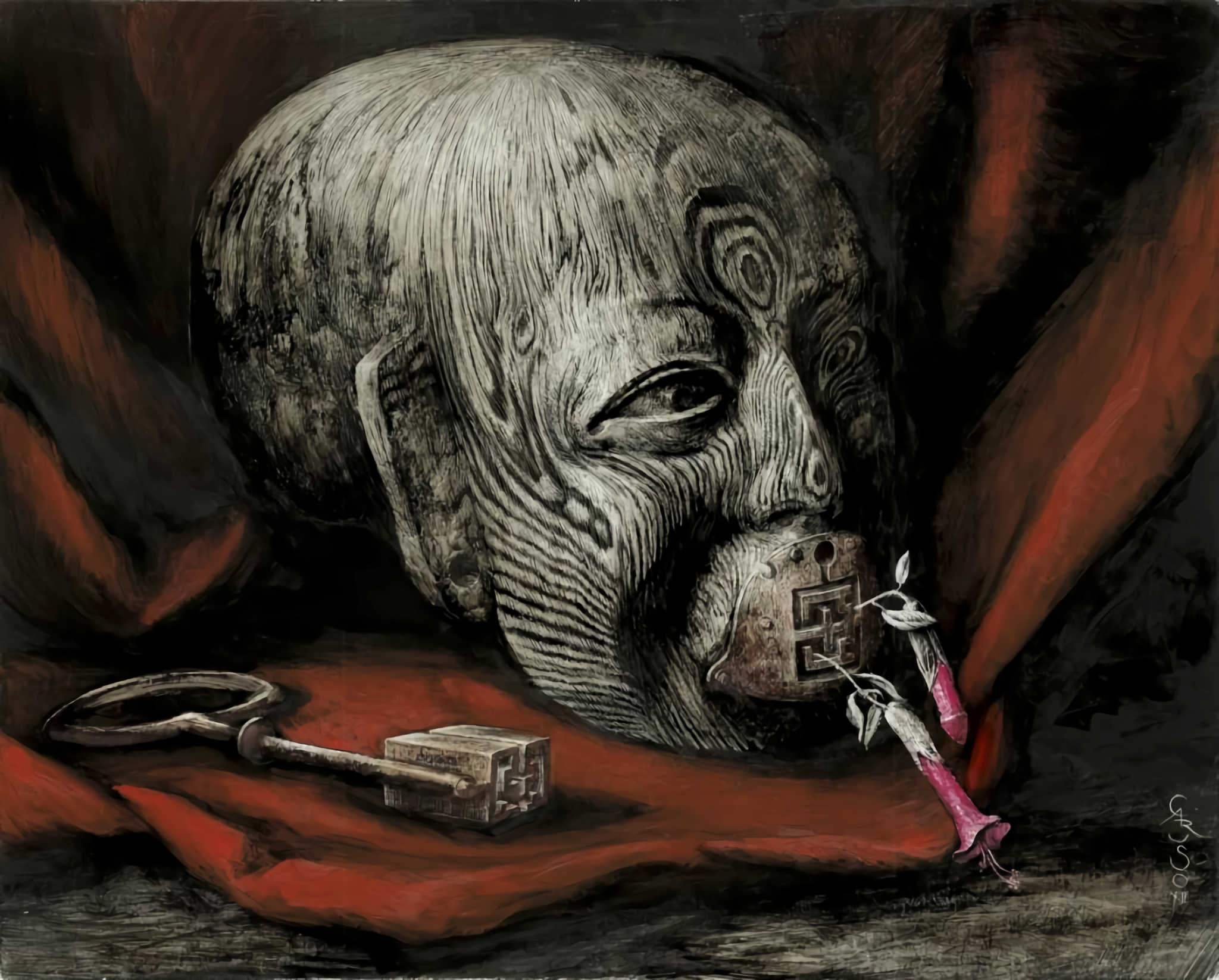 Surrealist painting of a wooden head with a lock in its mouth HD Wallpaper