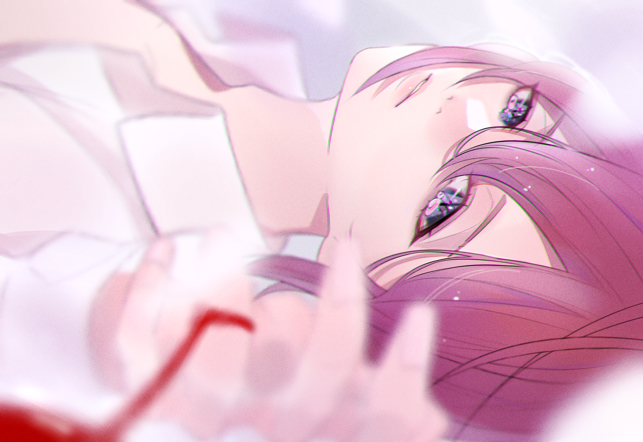 Anime girl with pink hair looking up HD Wallpaper