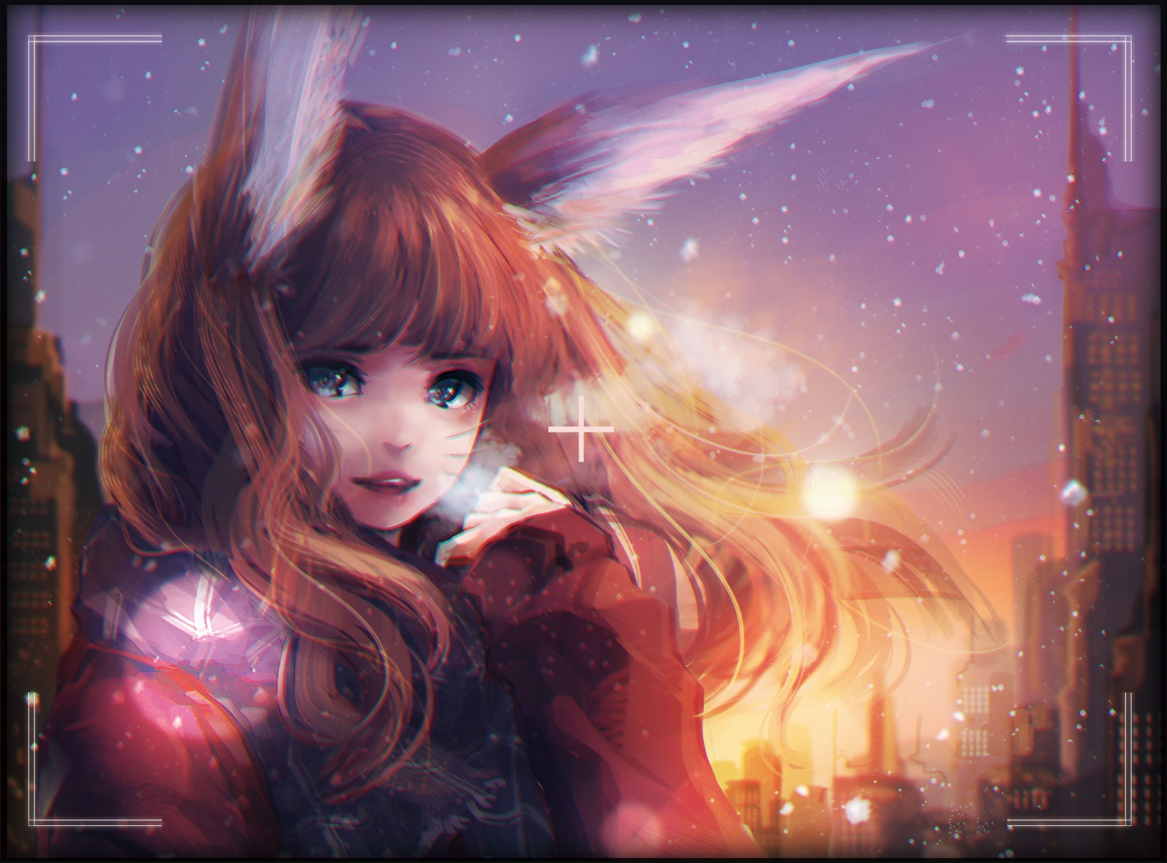 Anime girl with fox ears in a snowy city at sunset HD Wallpaper