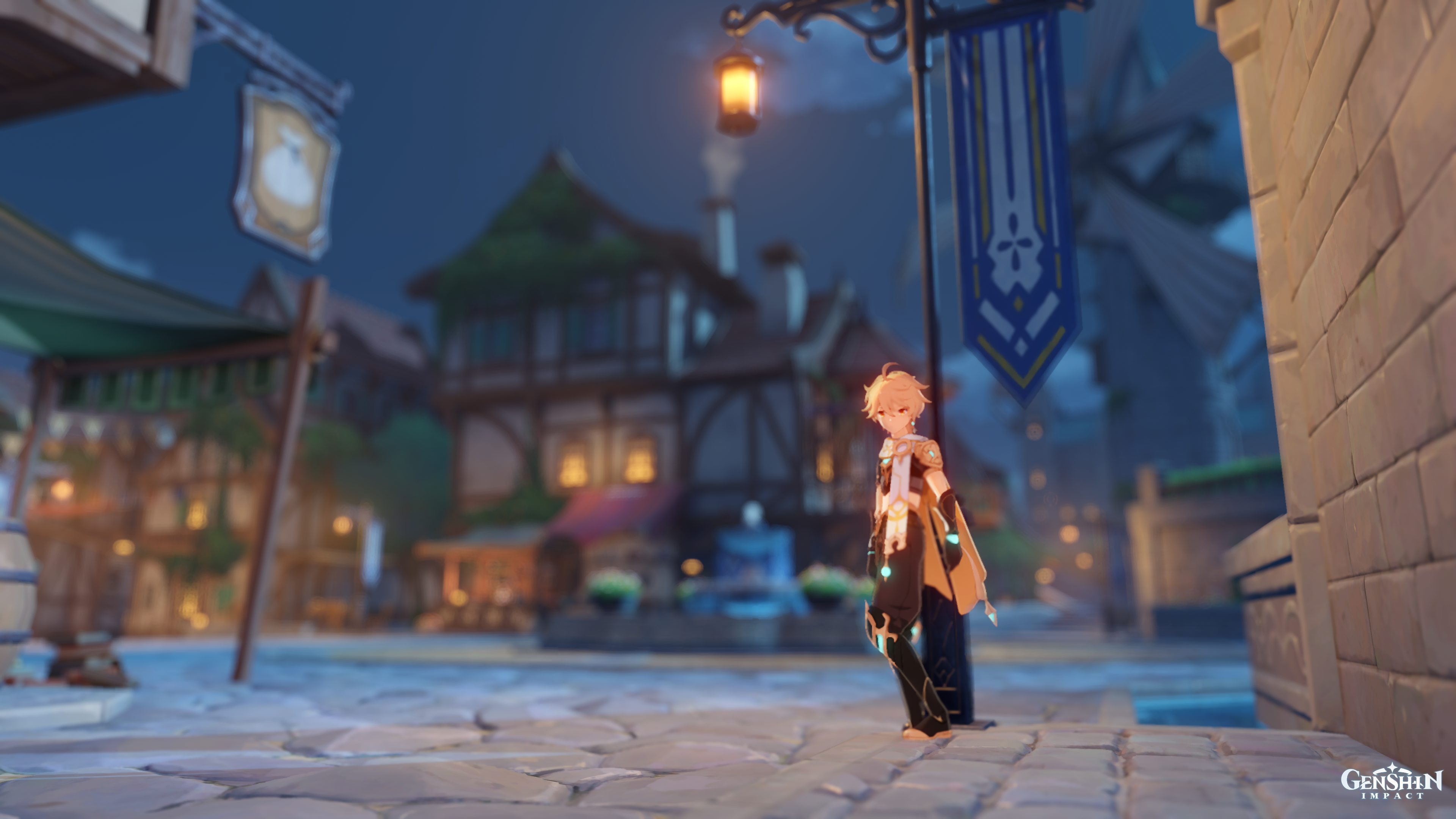 Aether from Genshin Impact in a village at night HD Wallpaper
