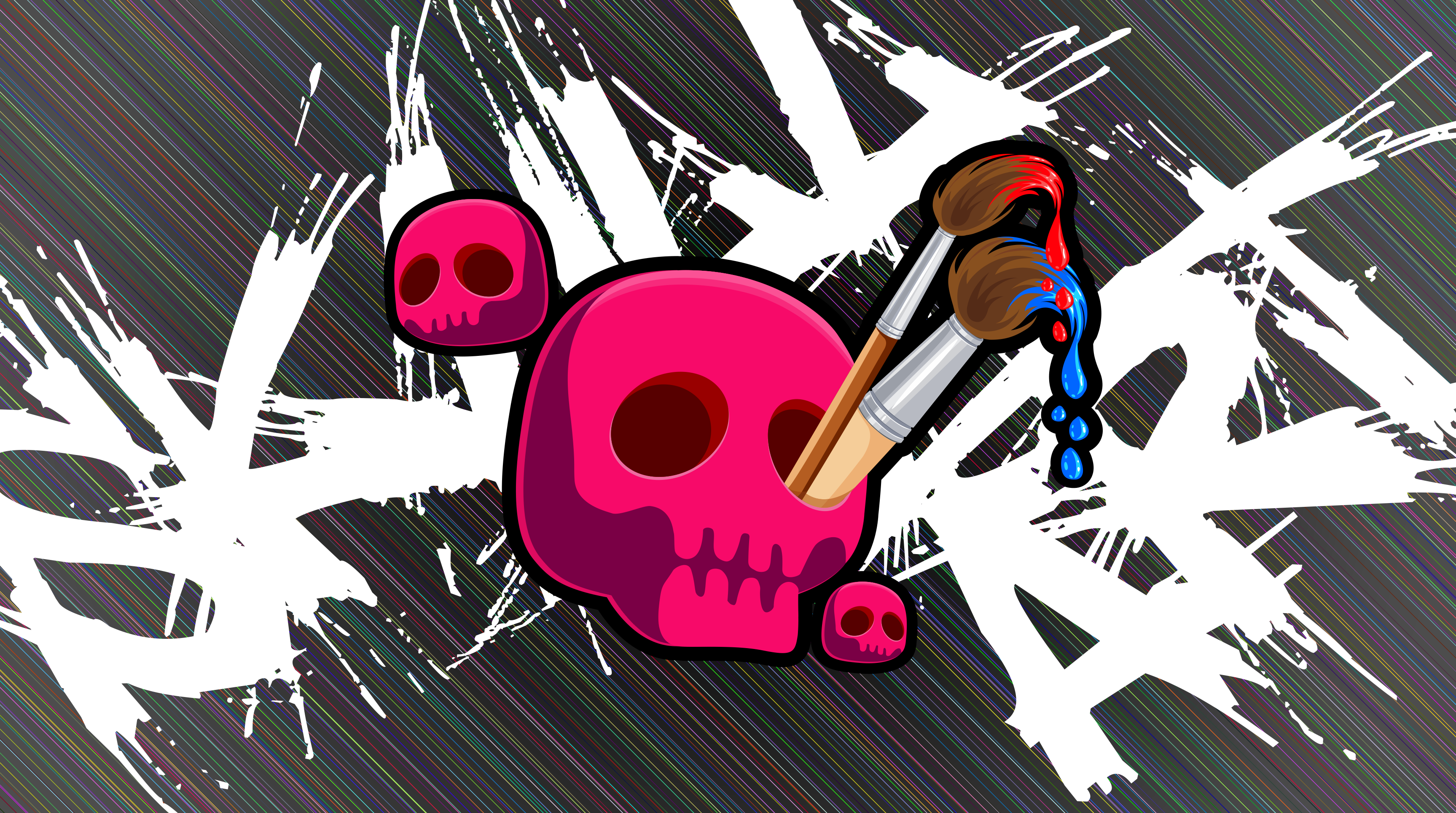 Pink skulls with paintbrushes and paint splatters HD Wallpaper