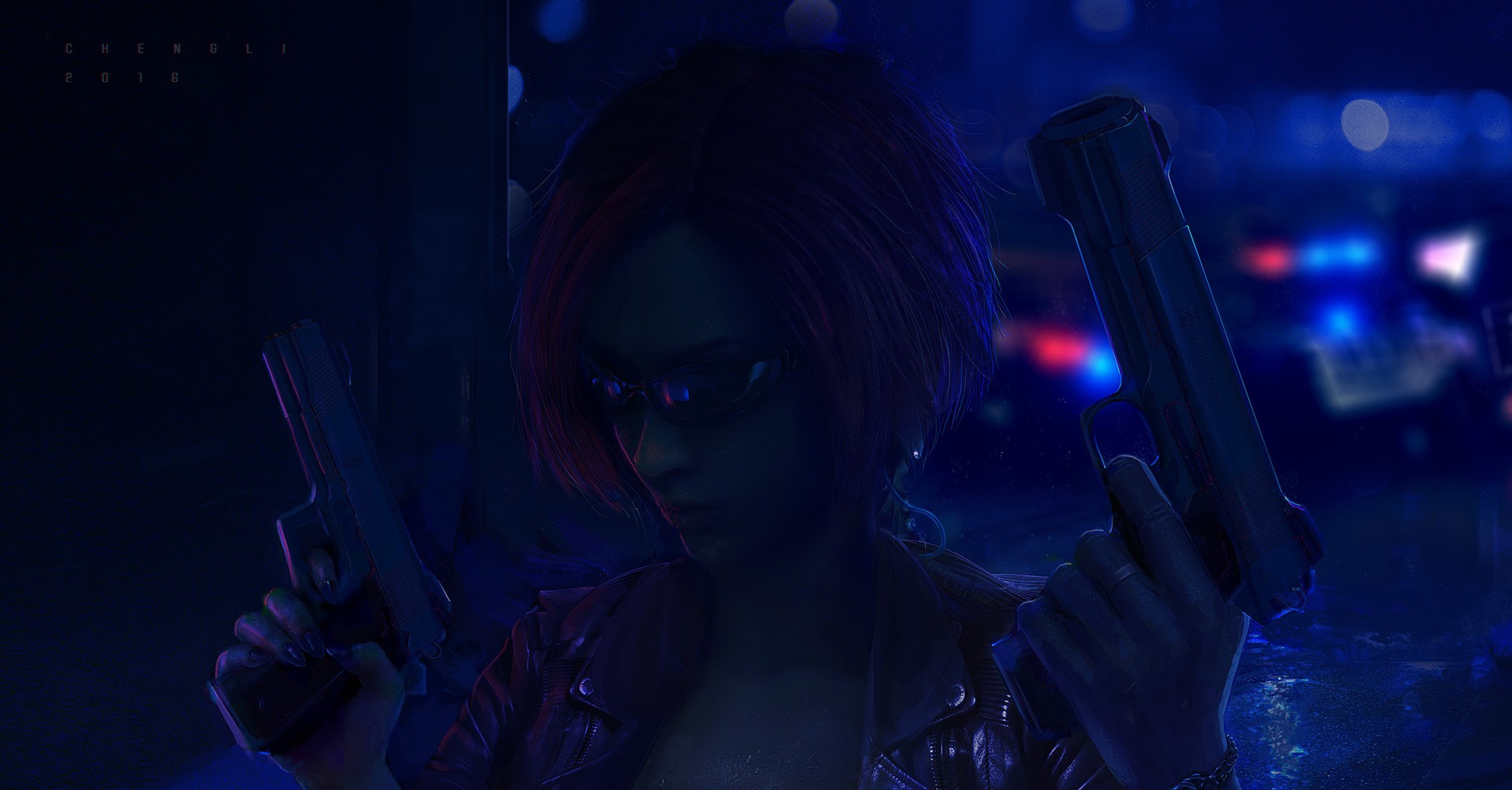 Woman with guns in cyberpunk city at night HD Wallpaper