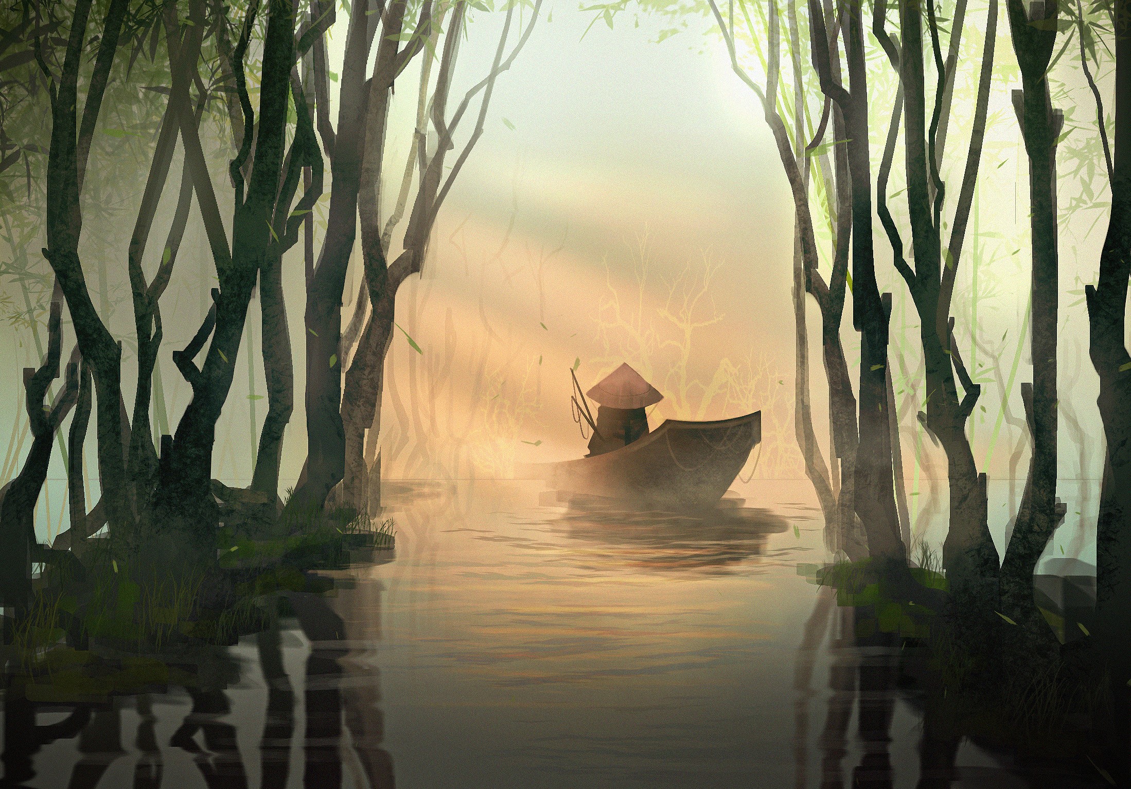 Fisherman in a boat on a misty river at sunrise HD Wallpaper