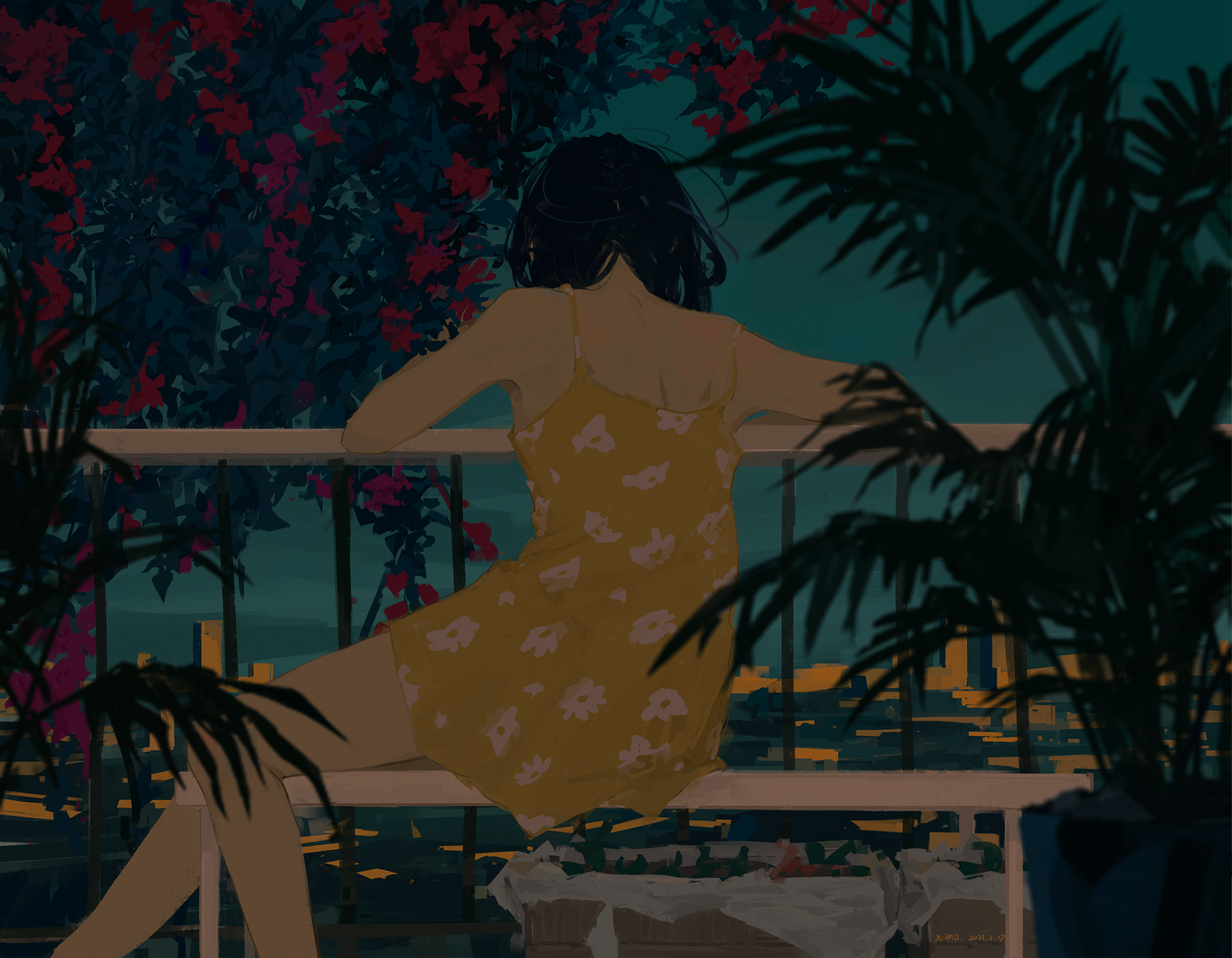 Woman in yellow dress on balcony with flowers and city view HD Wallpaper