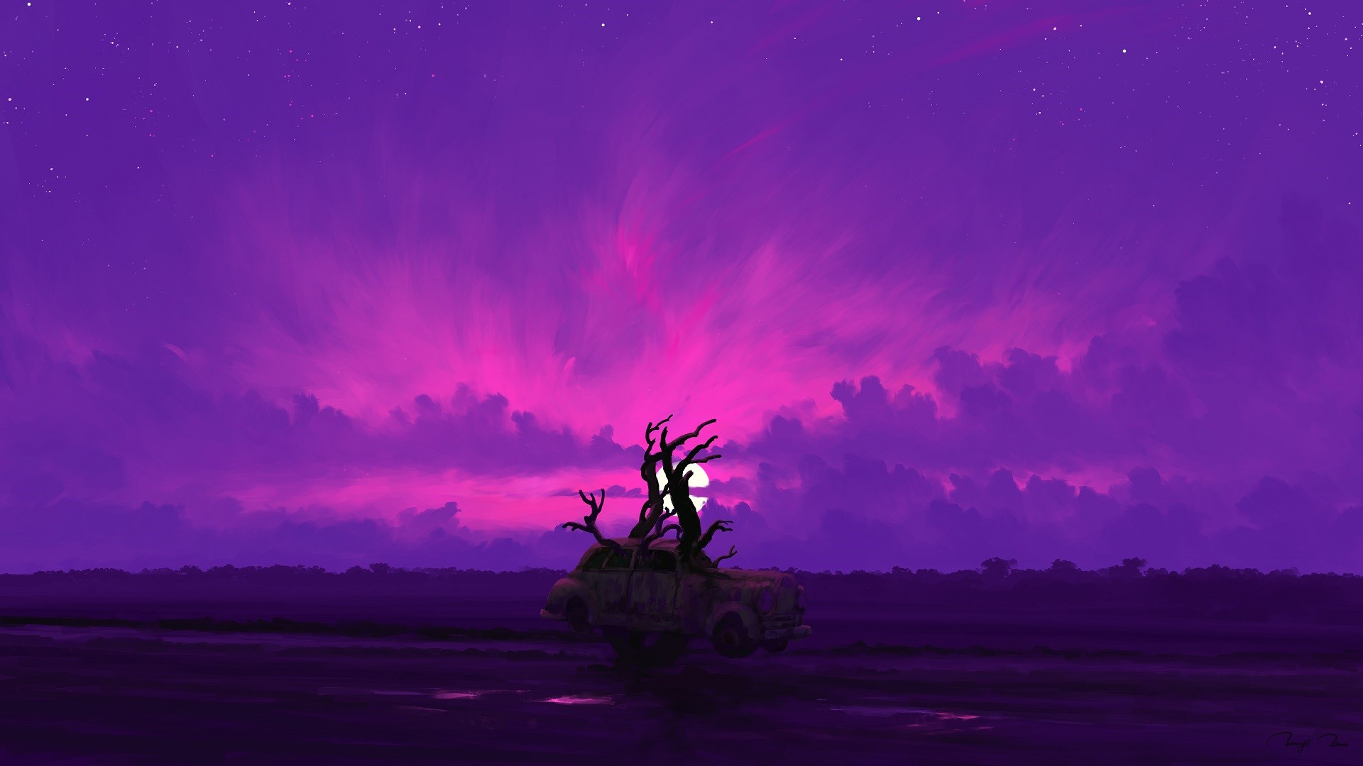 Digital painting of an old car with trees under a purple and pink sky HD Wallpaper