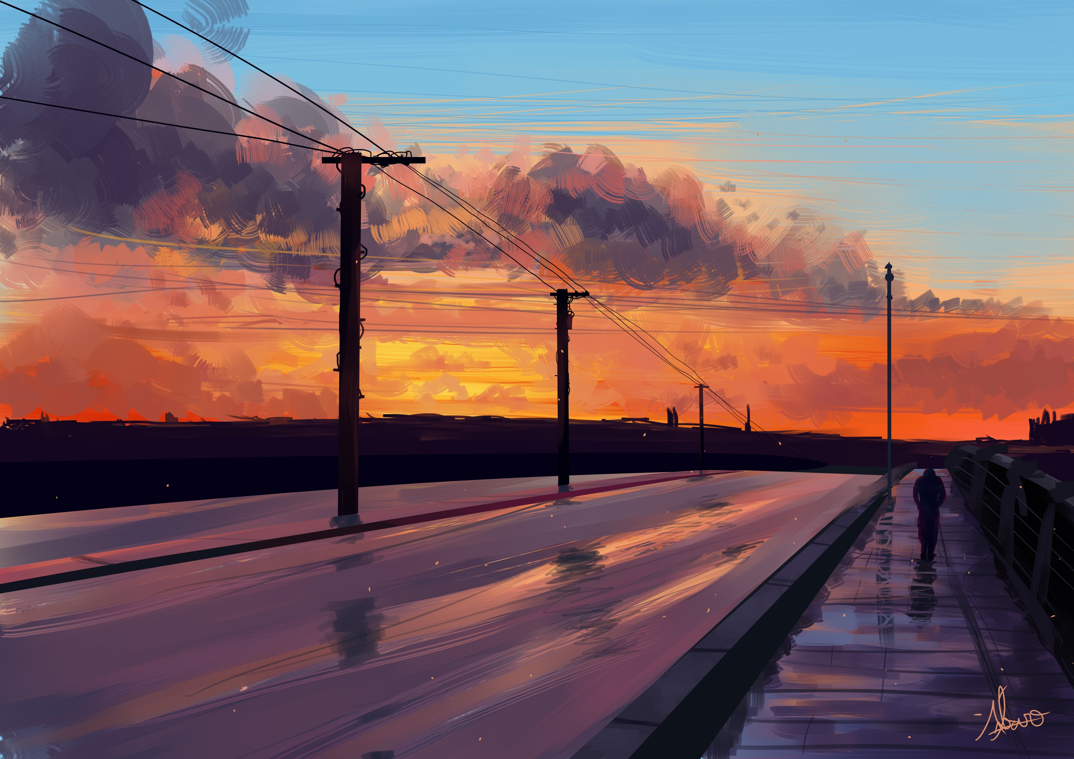 Digital painting of a sunset landscape with power lines HD Wallpaper