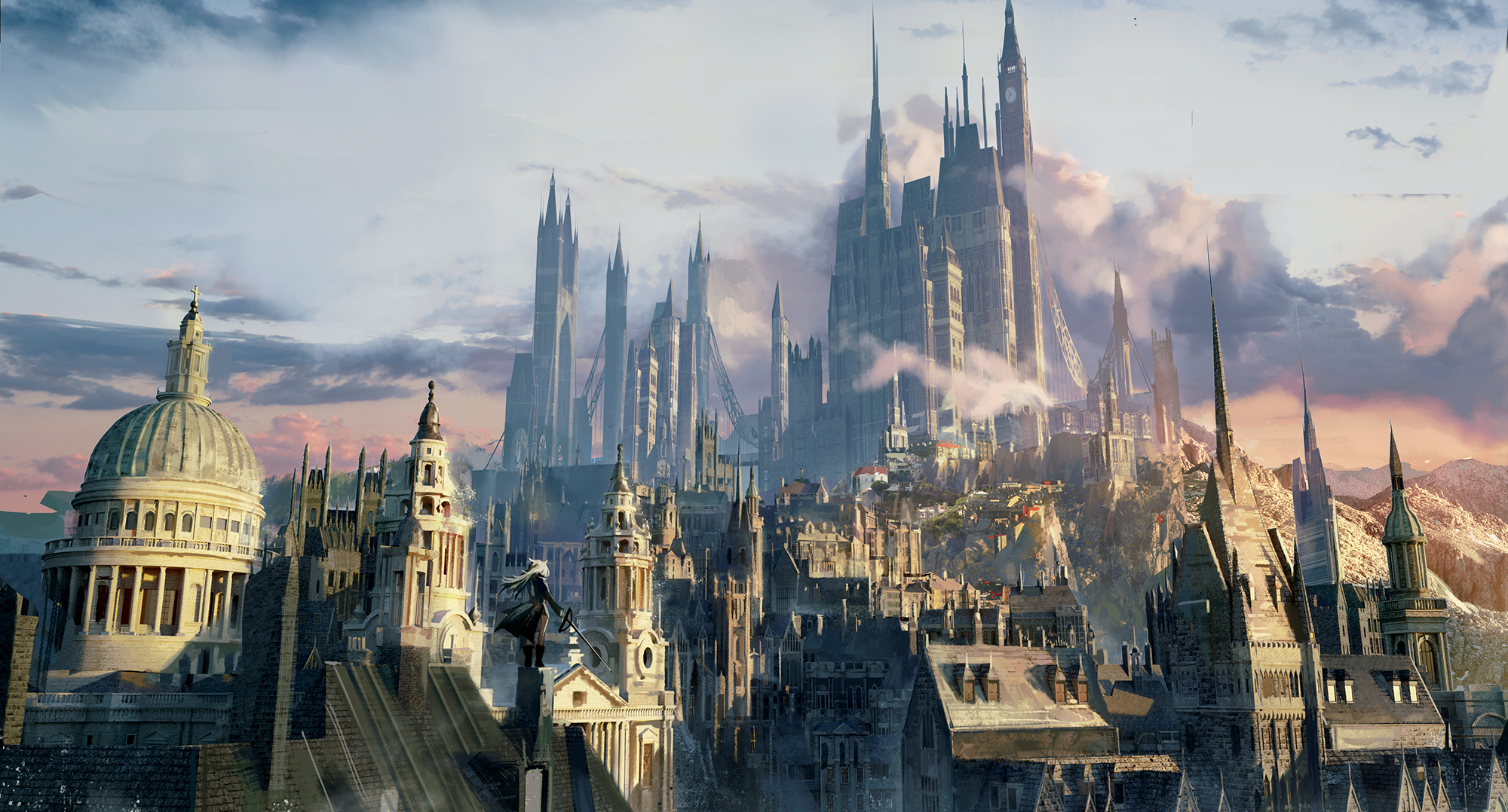 Fantasy city with towers and a dome building HD Wallpaper