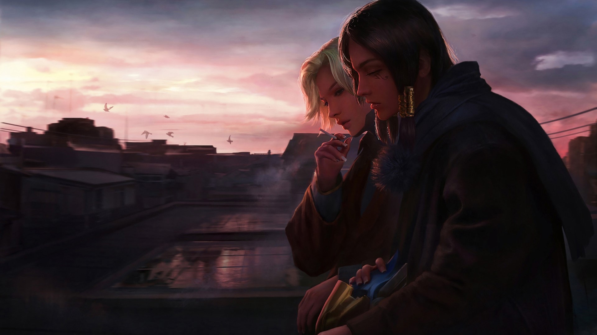 Pharah from Overwatch and Chen Wang smoking at sunset HD Wallpaper