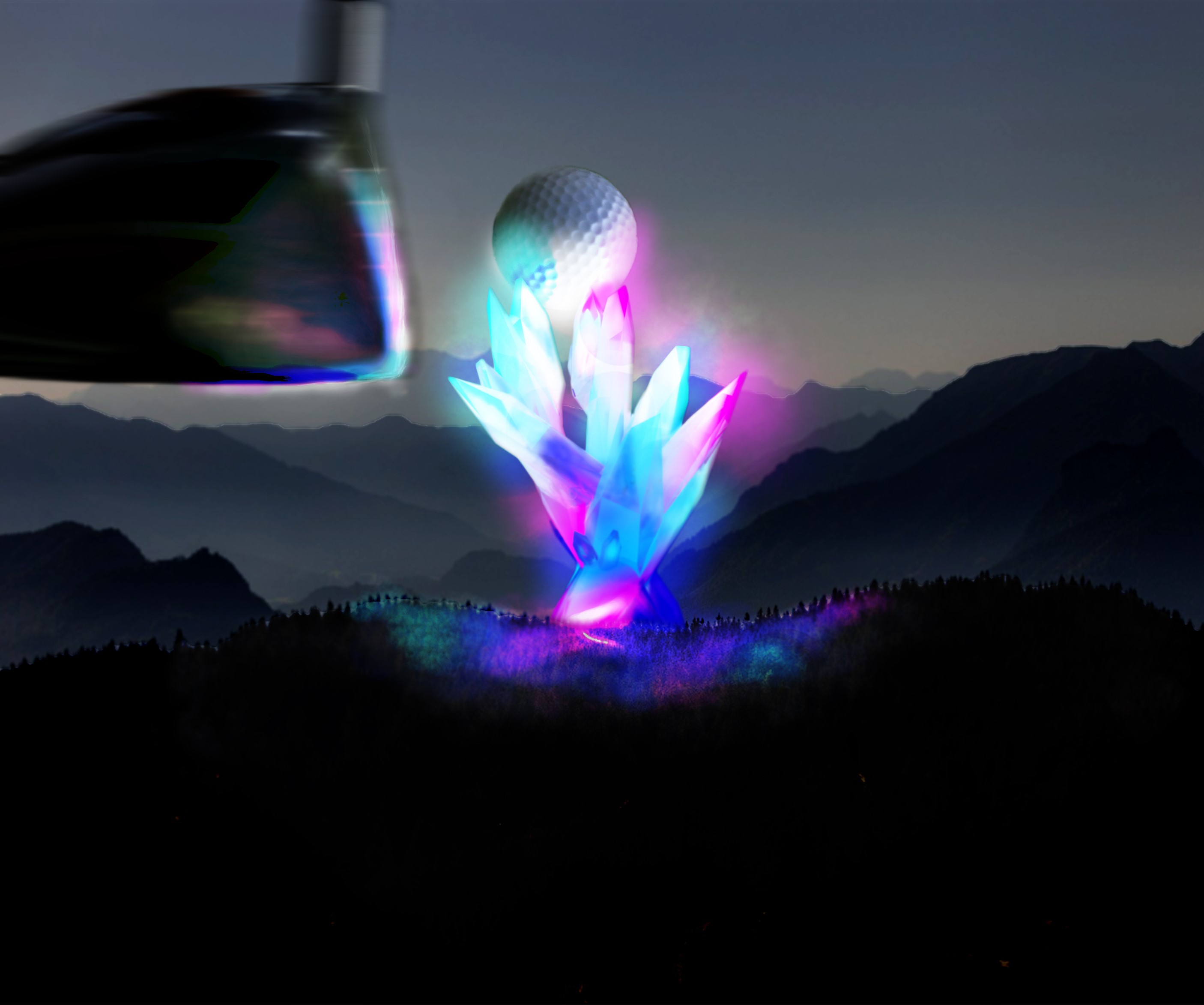 Golf ball on glowing crystals with golf club and mountains HD Wallpaper