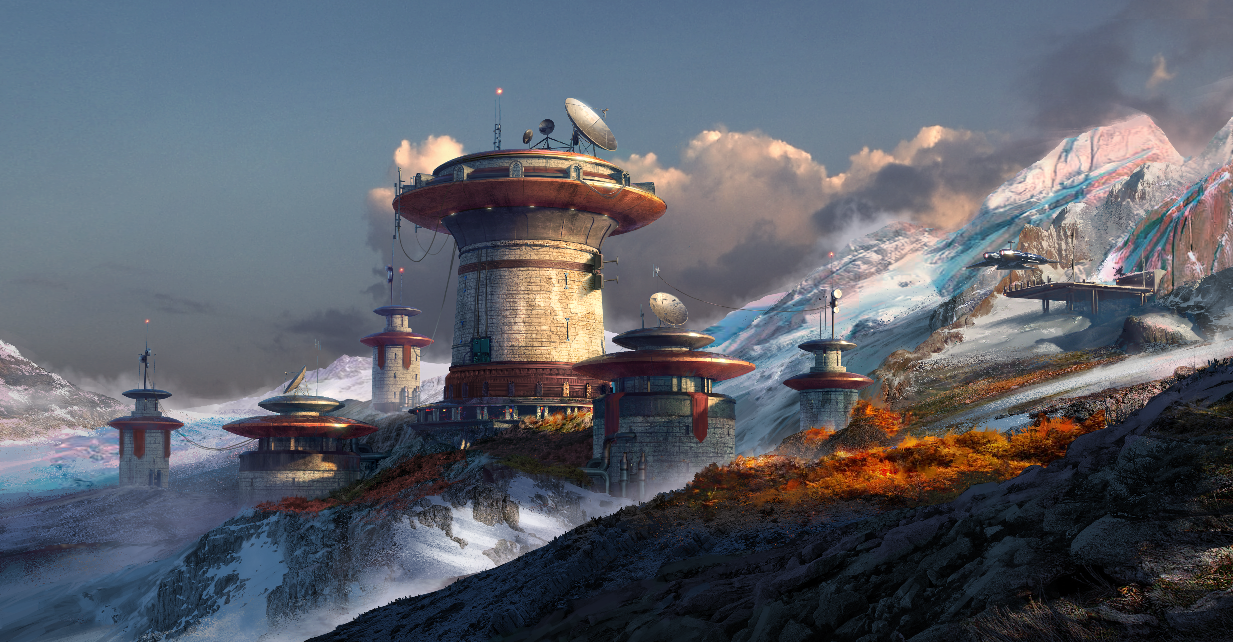 Fantasy art of mountain outpost with satellite dishes HD Wallpaper