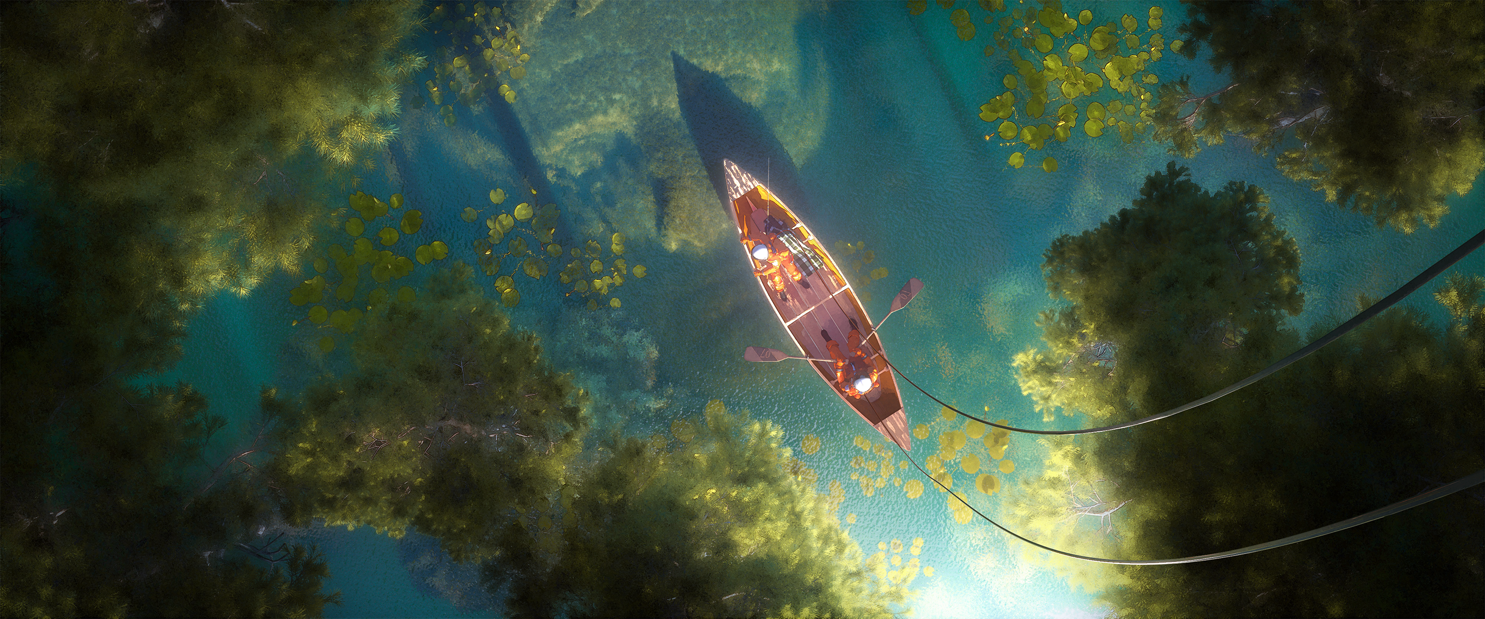 Top view of a canoe on a lake with lily pads and trees HD Wallpaper