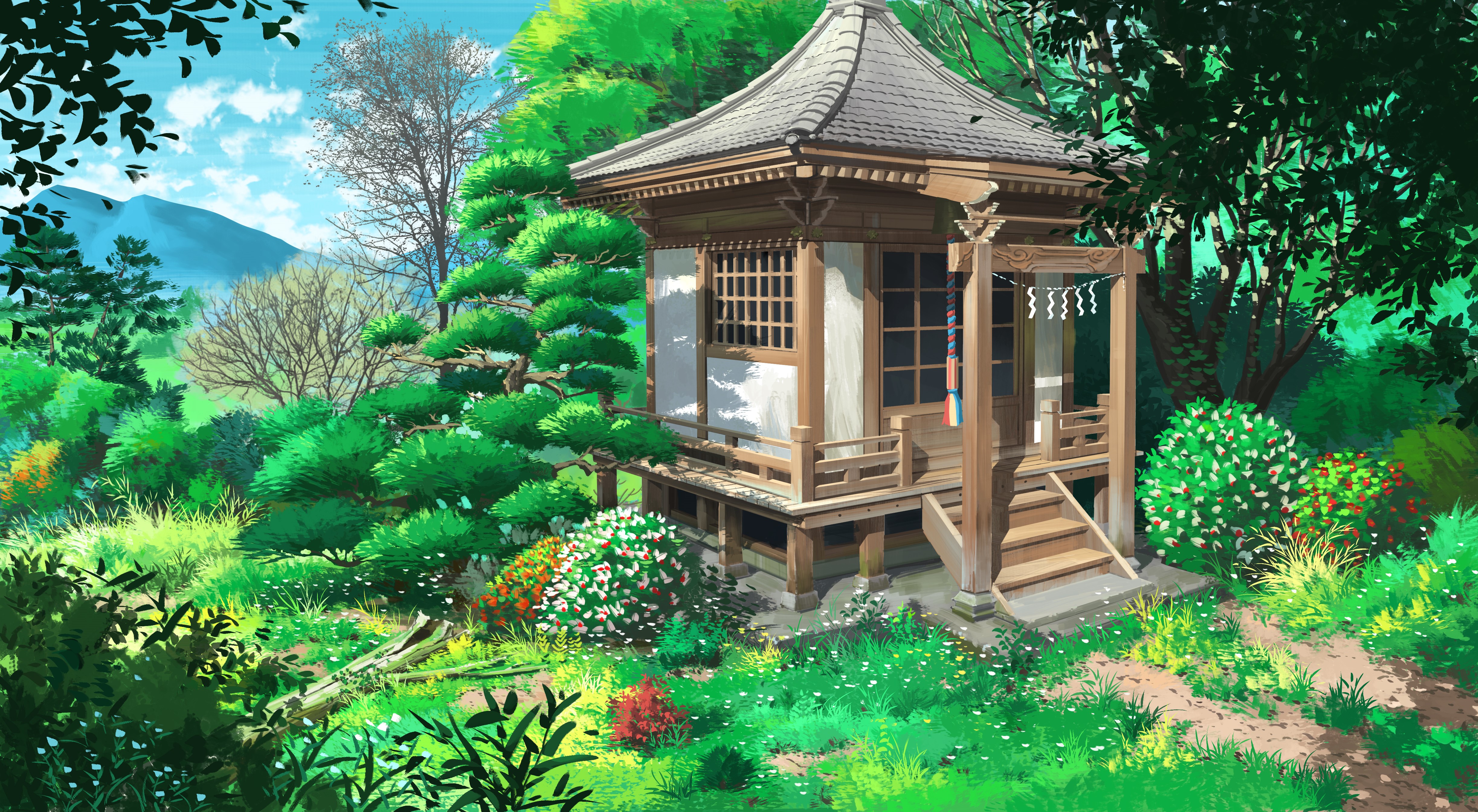 4K digital art of a Japanese temple in a forest HD Wallpaper