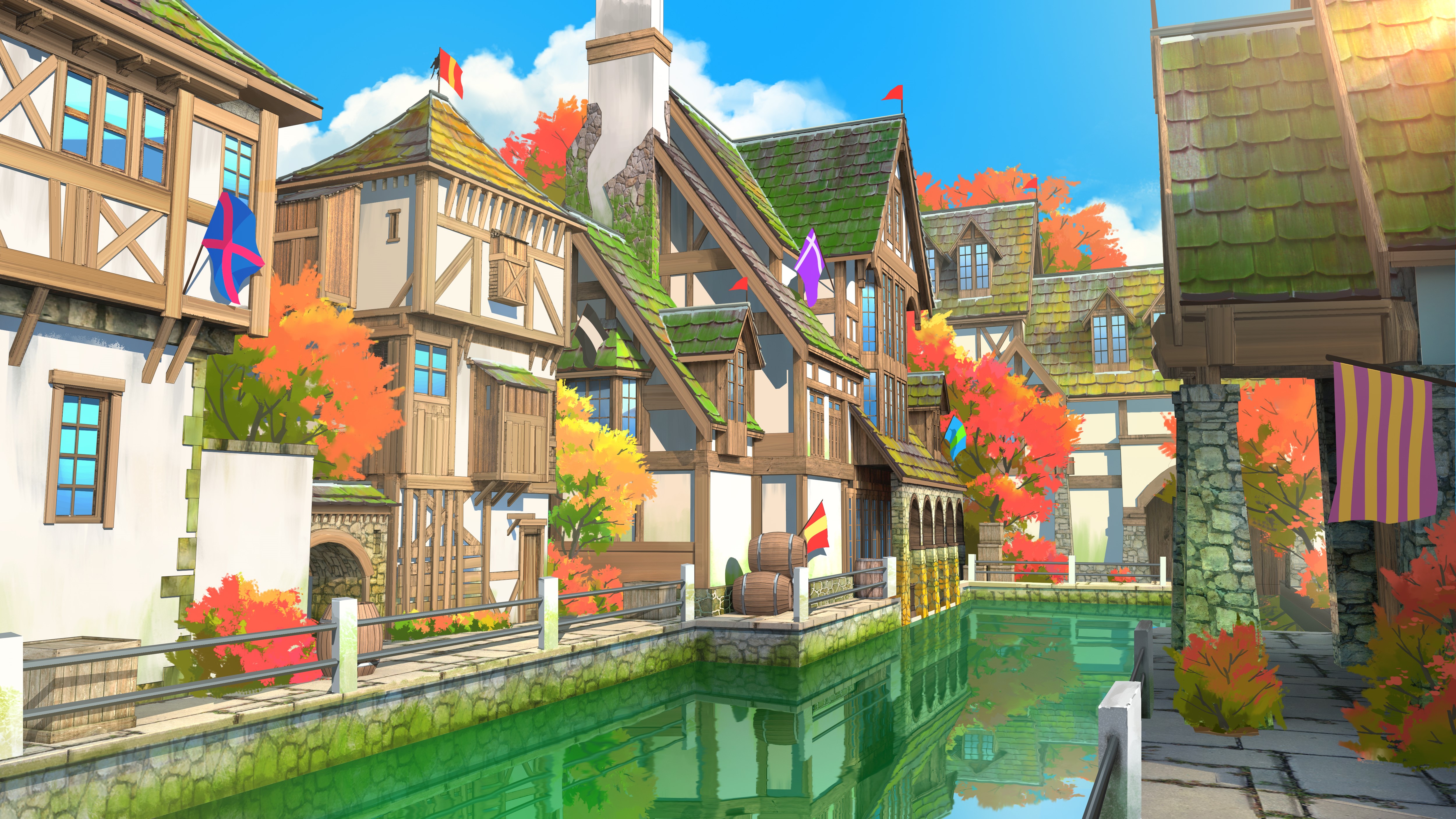 4K canal artwork with fall foliage and houses HD Wallpaper