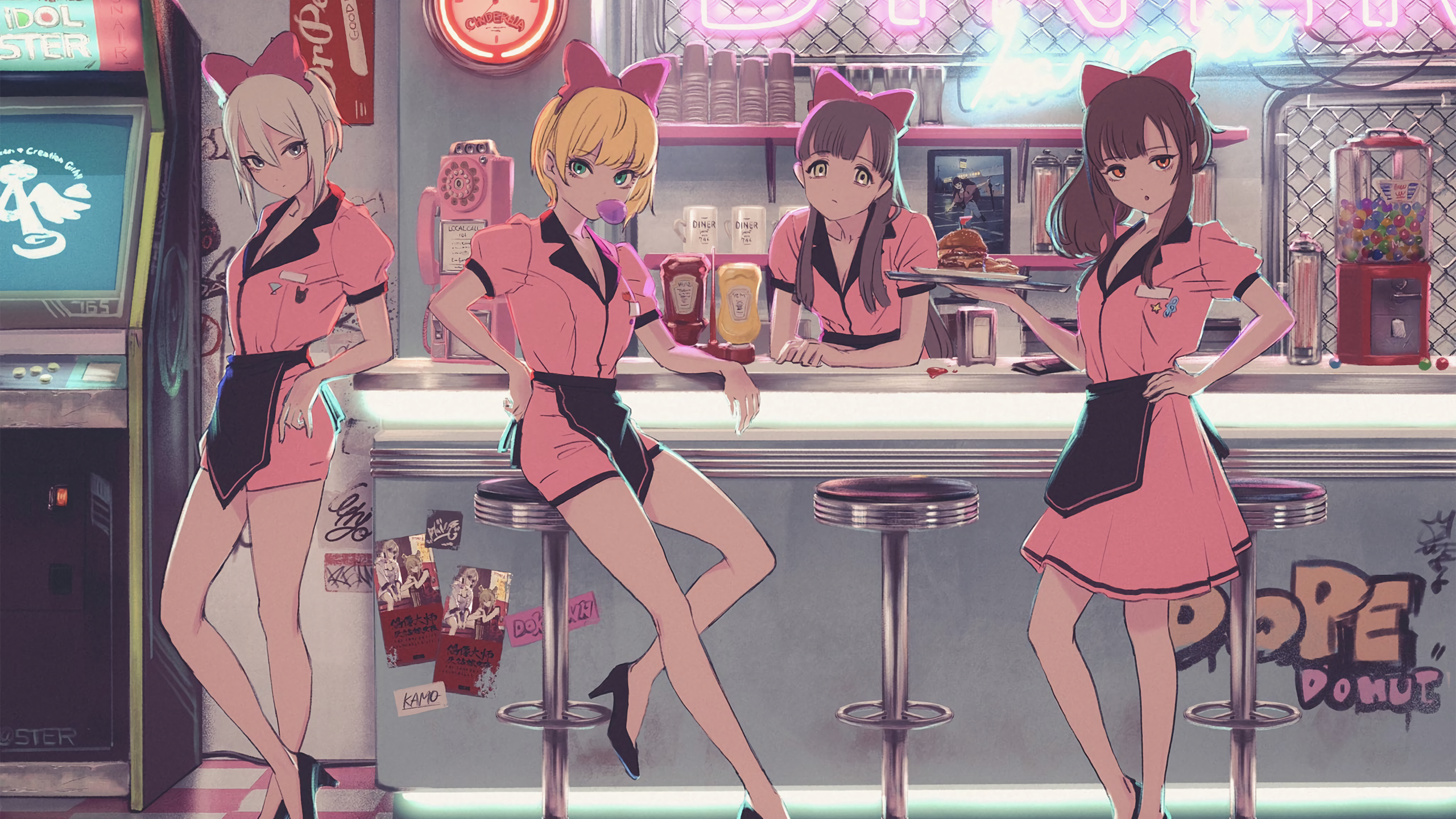 Waitresses in a diner with arcade machine HD Wallpaper