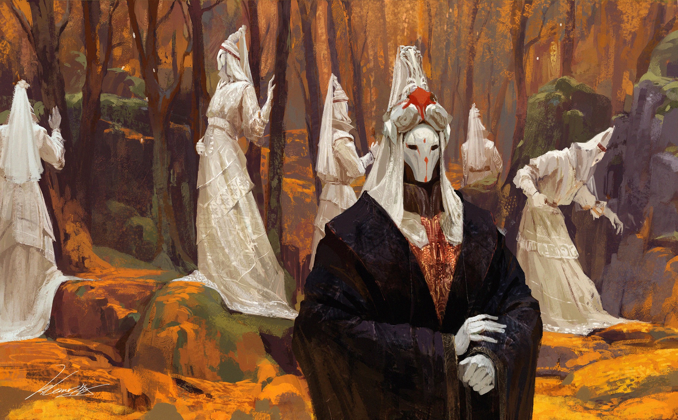 Fantasy art of masked figures in a forest HD Wallpaper