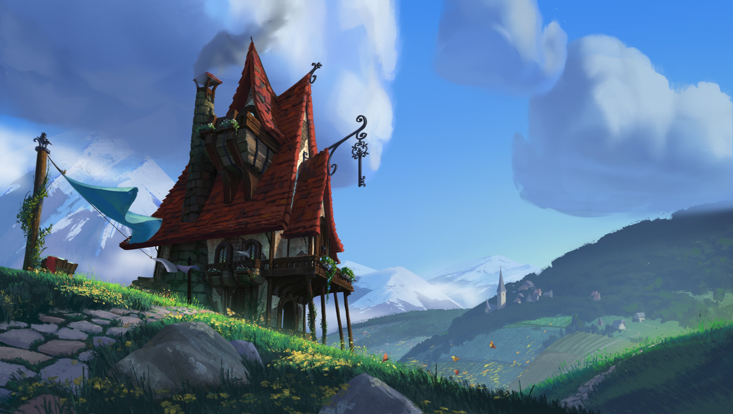 Fantasy house on a hill with mountains HD Wallpaper
